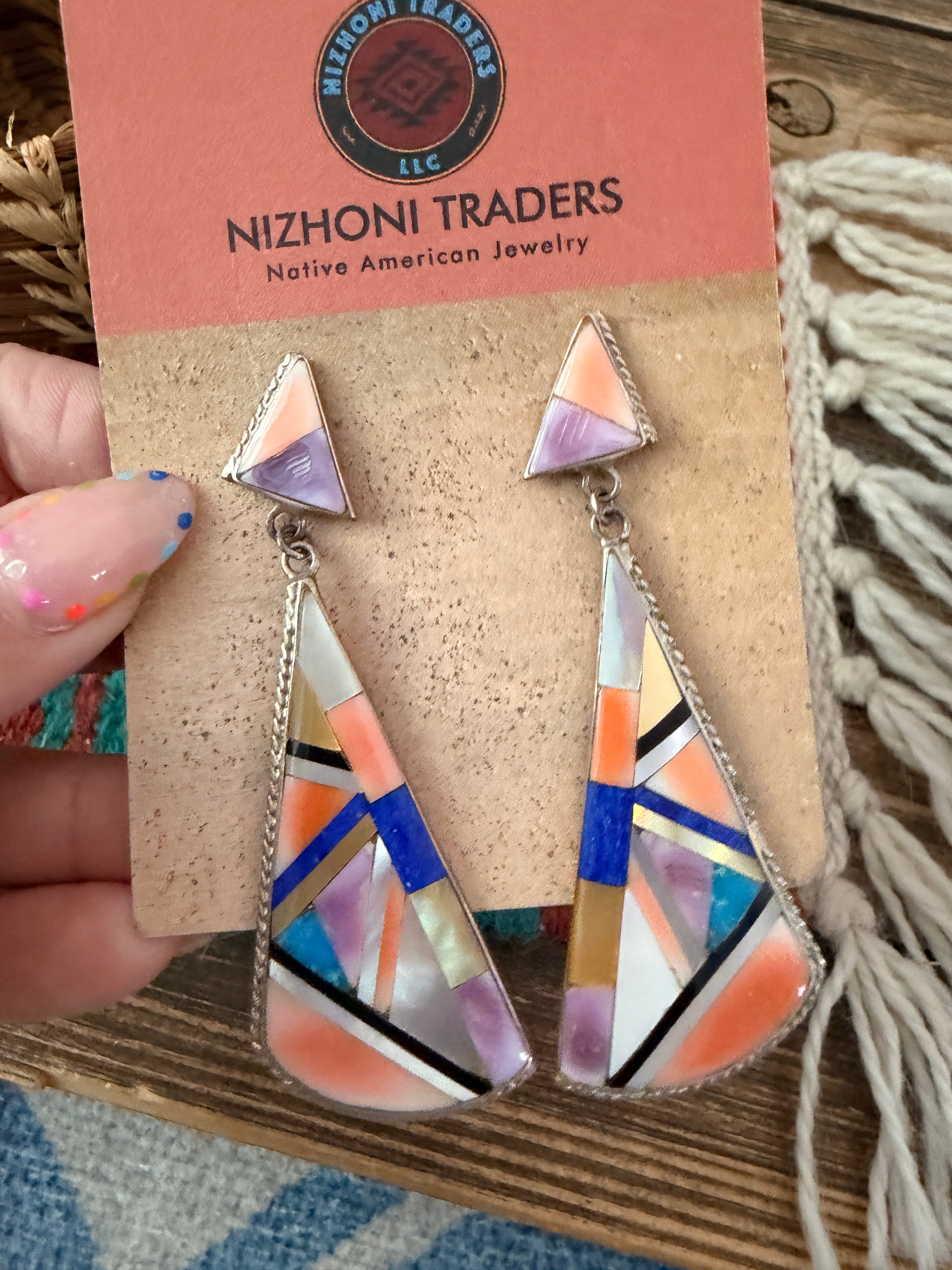 Old Pawn Handcrafted Sterling Silver & Multi Stone Inlay Dangle Earrings