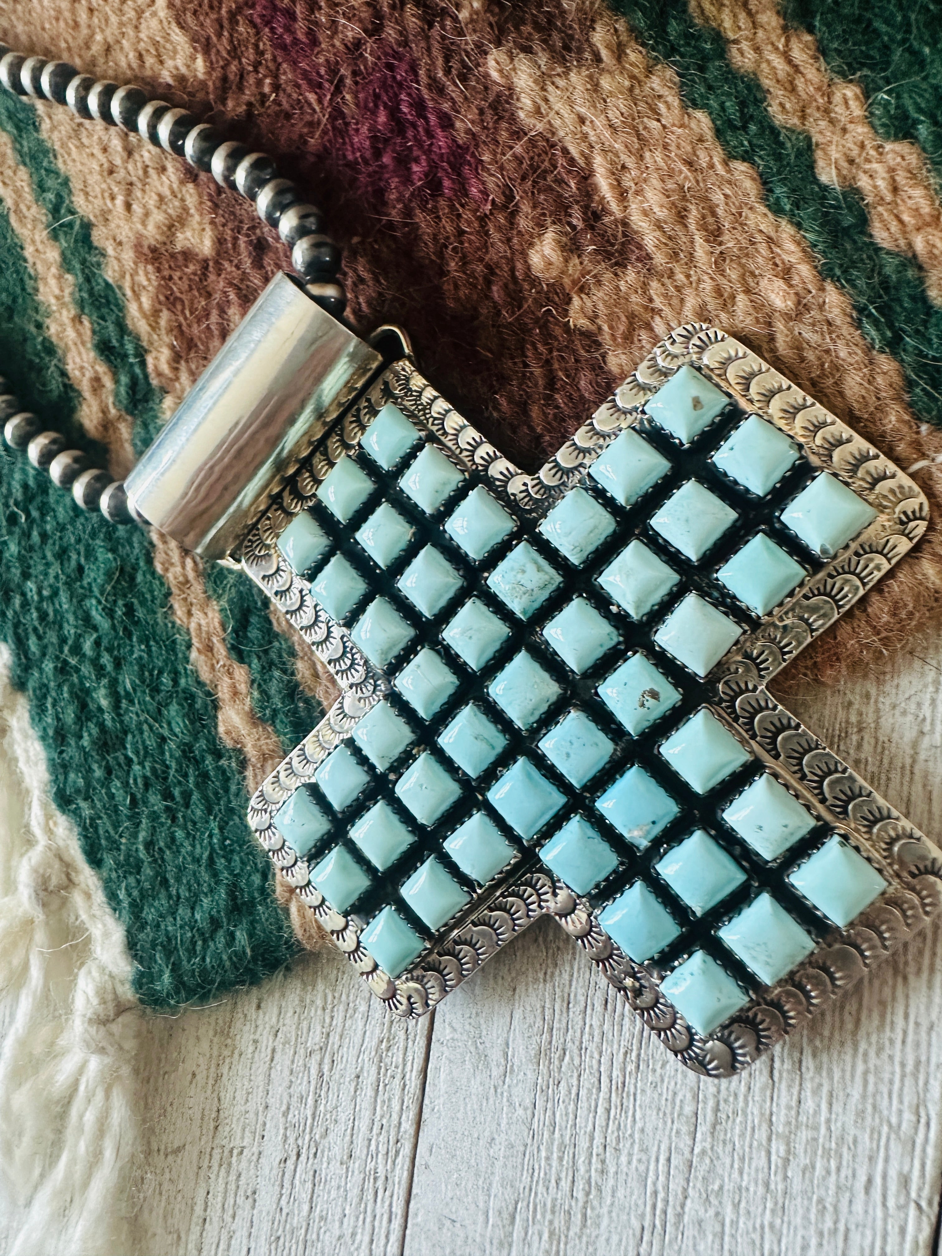 Navajo Sterling Silver & Dry Creek Turquoise Cross Pendant by Marcella James