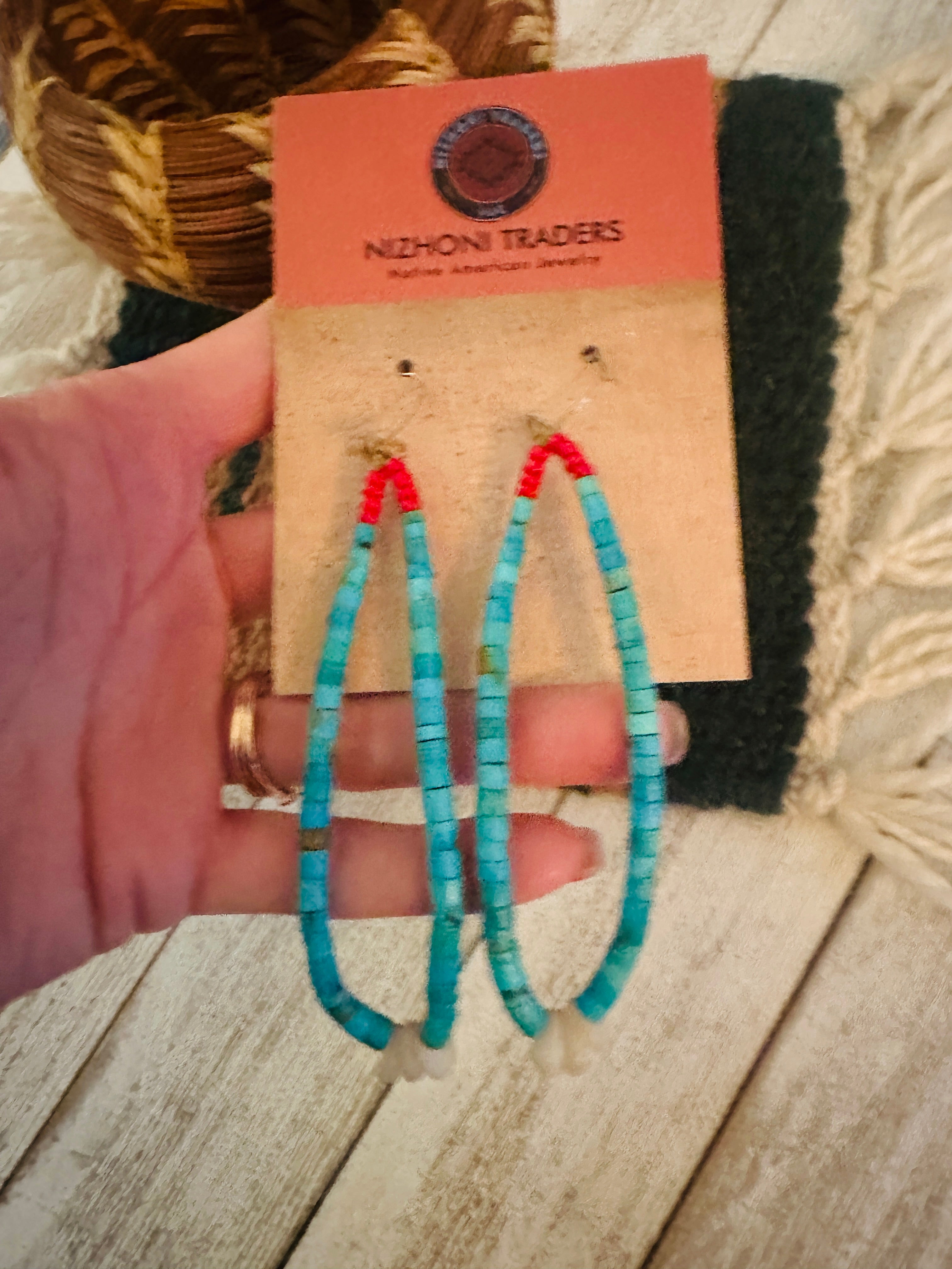 Vintage Old Pawn Handcrafted Turquoise & Coral Beaded Dangle Earrings