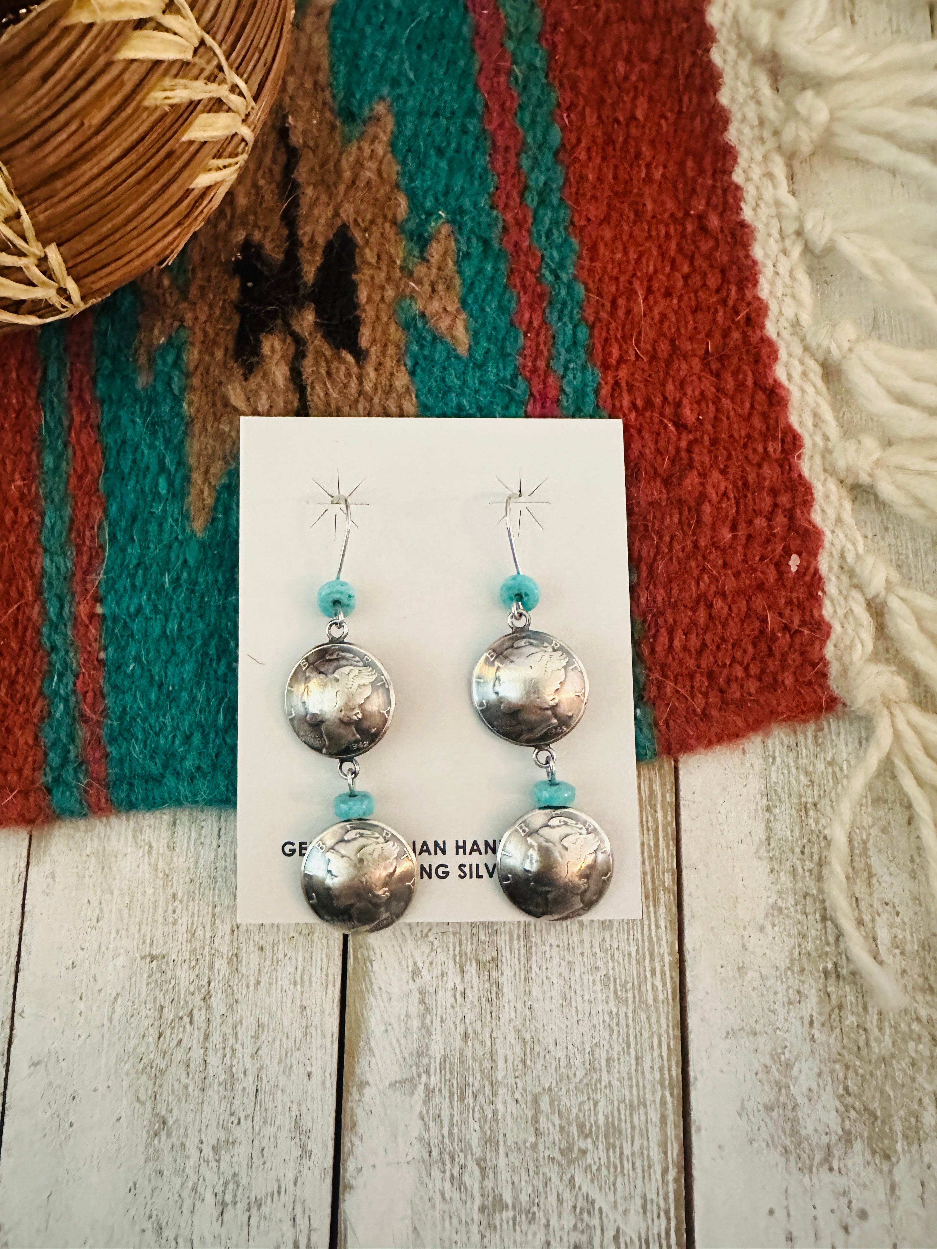 Navajo Turquoise & Sterling Silver  Liberty Dime Dangle Earrings