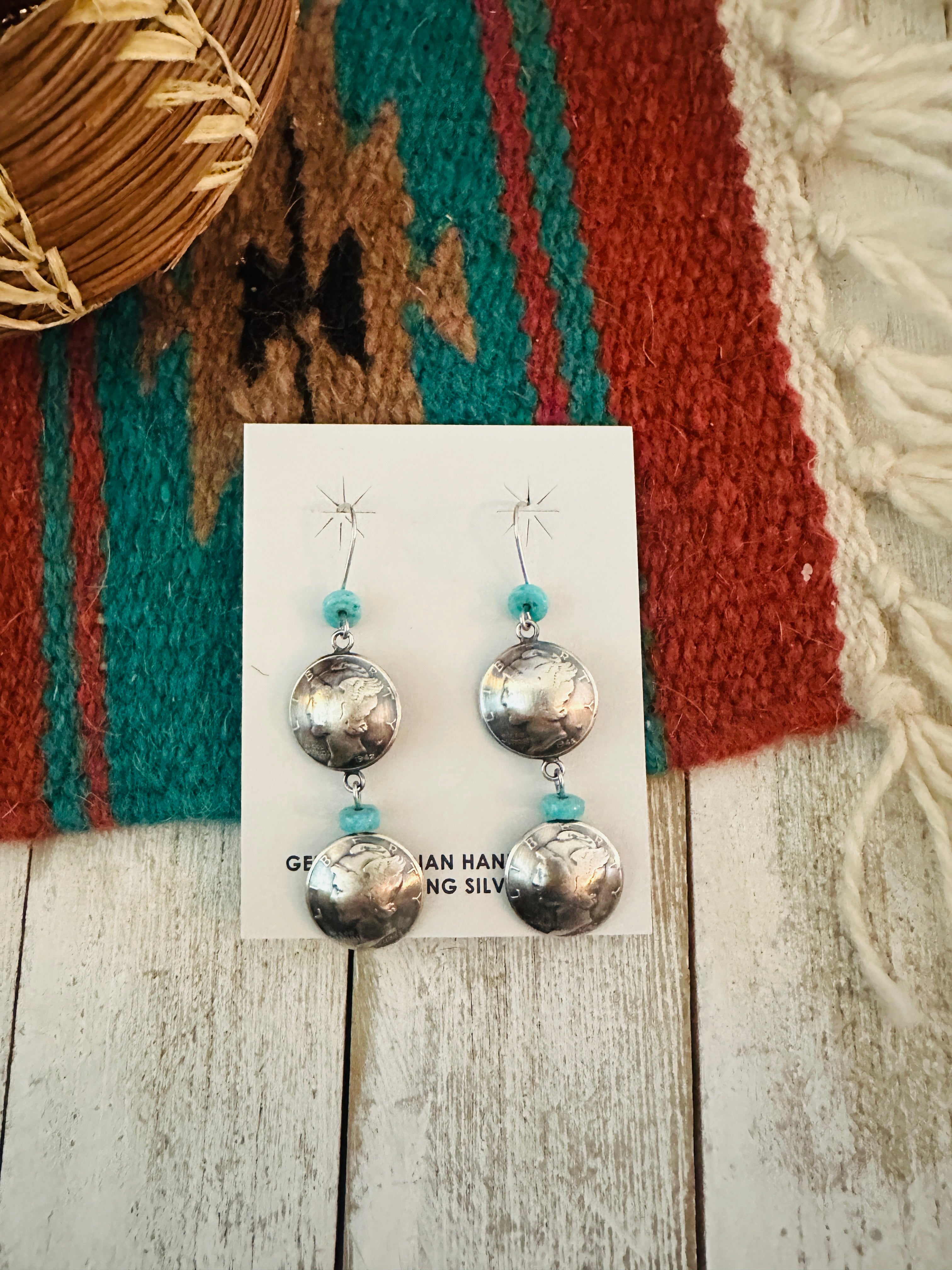 Handcrafted Turquoise & Sterling Silver  Liberty Dime Dangle Earrings