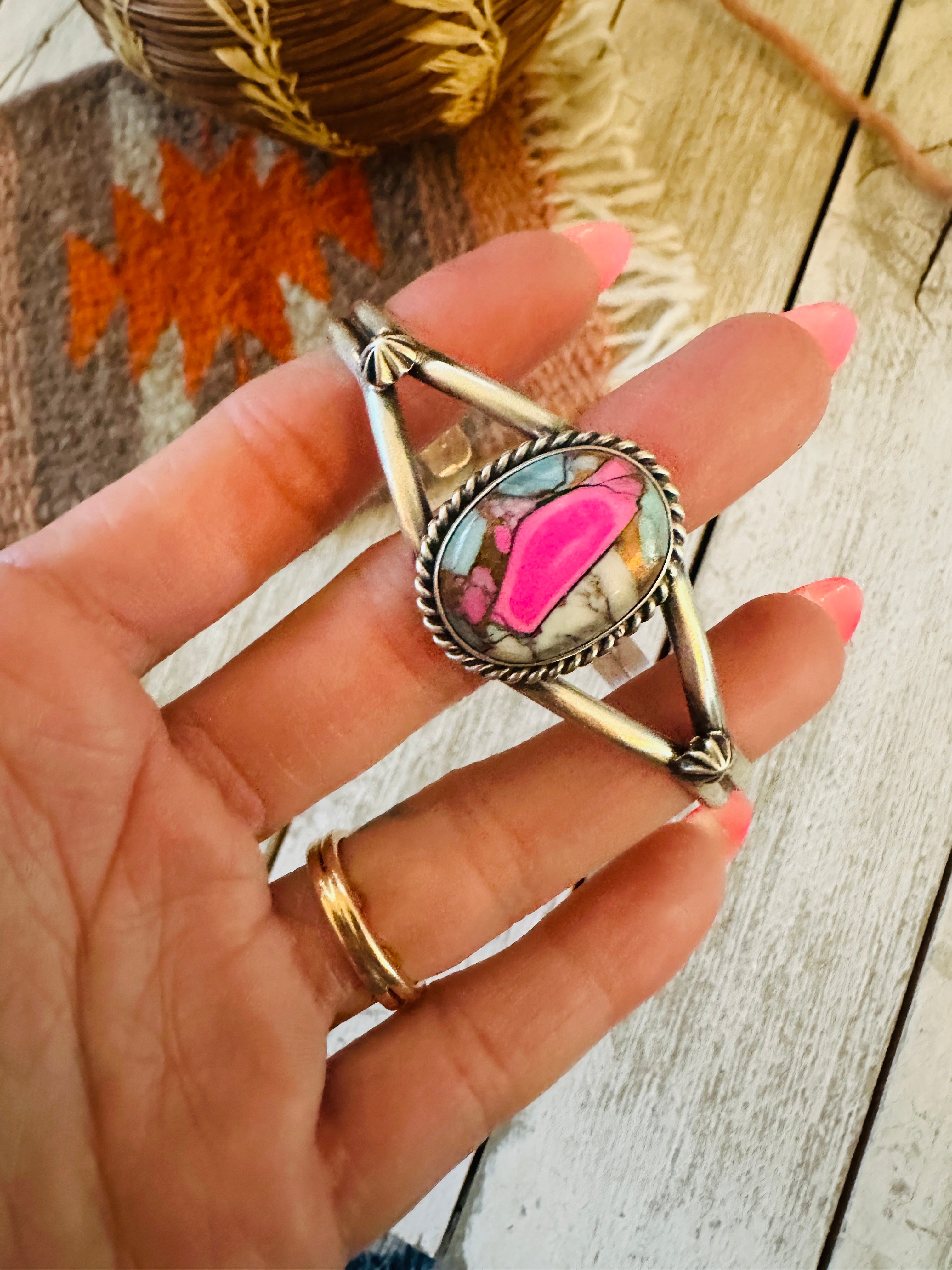 Handcrafted Cotton Candy & Sterling Silver Cuff Bracelet