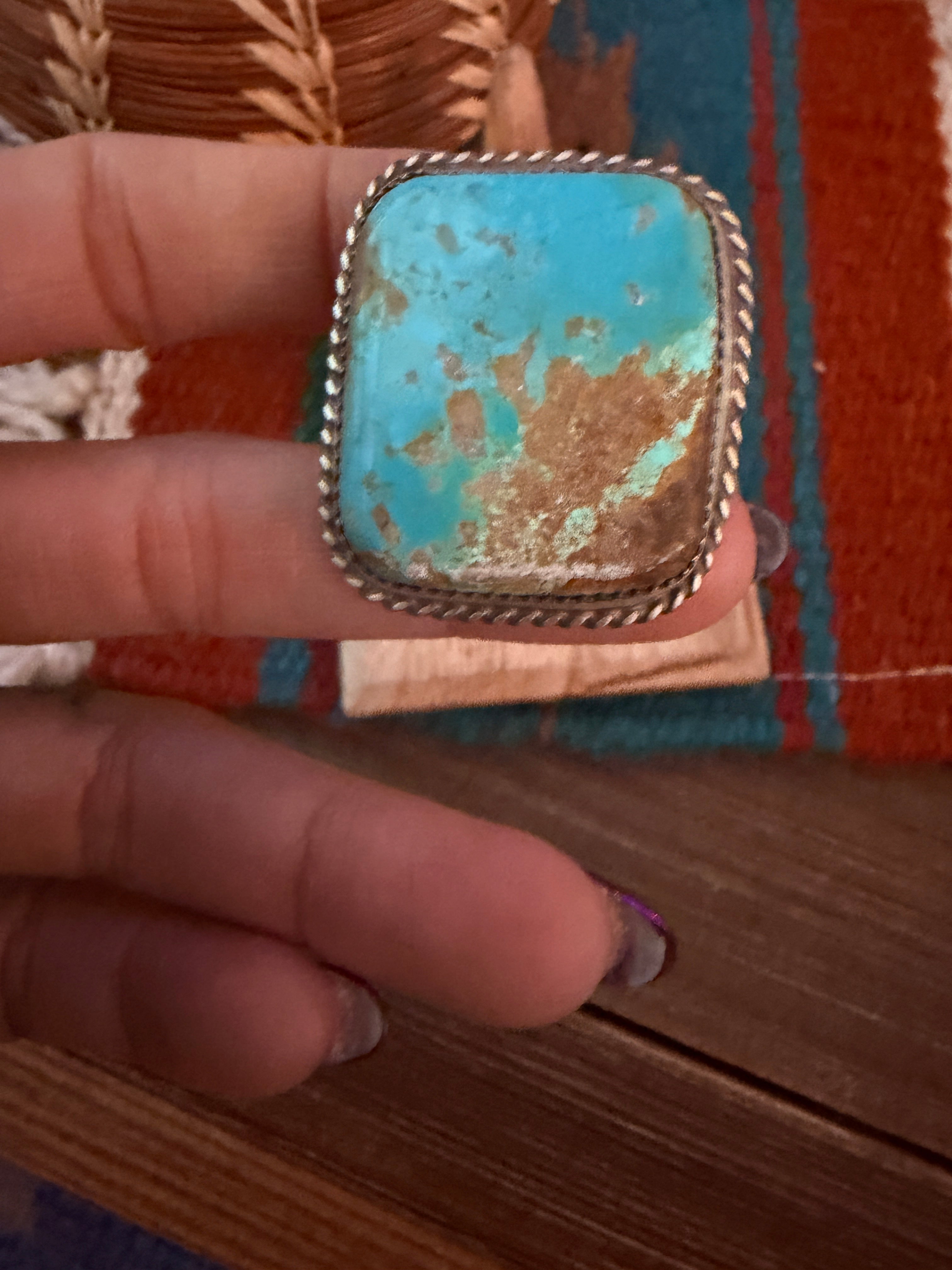 Handcrafted Royston Turquoise & Sterling Silver Ring Size 8.25 by Leslie Nez