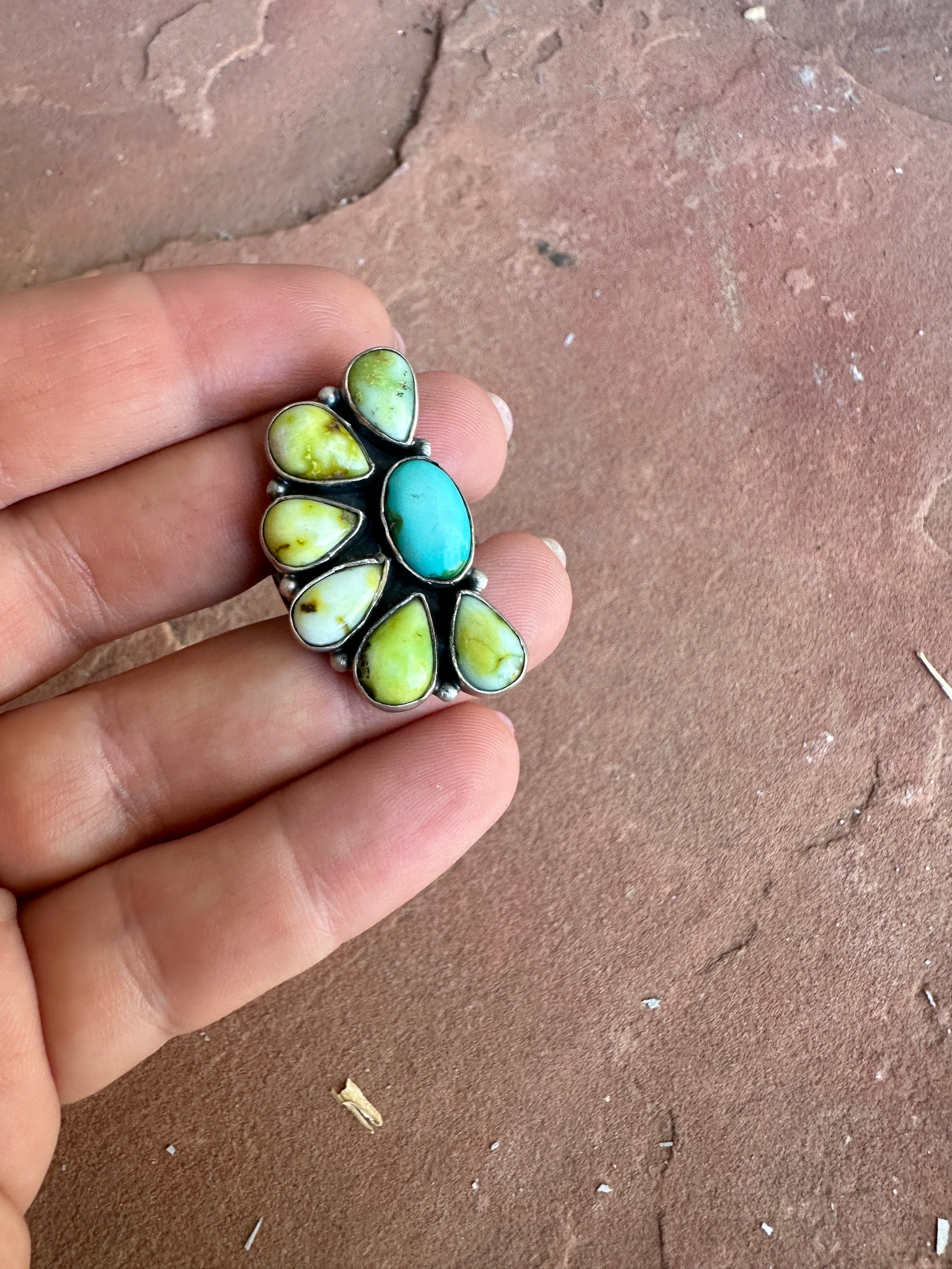 Handmade Sonoran Mountain Turquoise, Palomino Turquoise & Sterling Silver Adjustable Crescent Ring