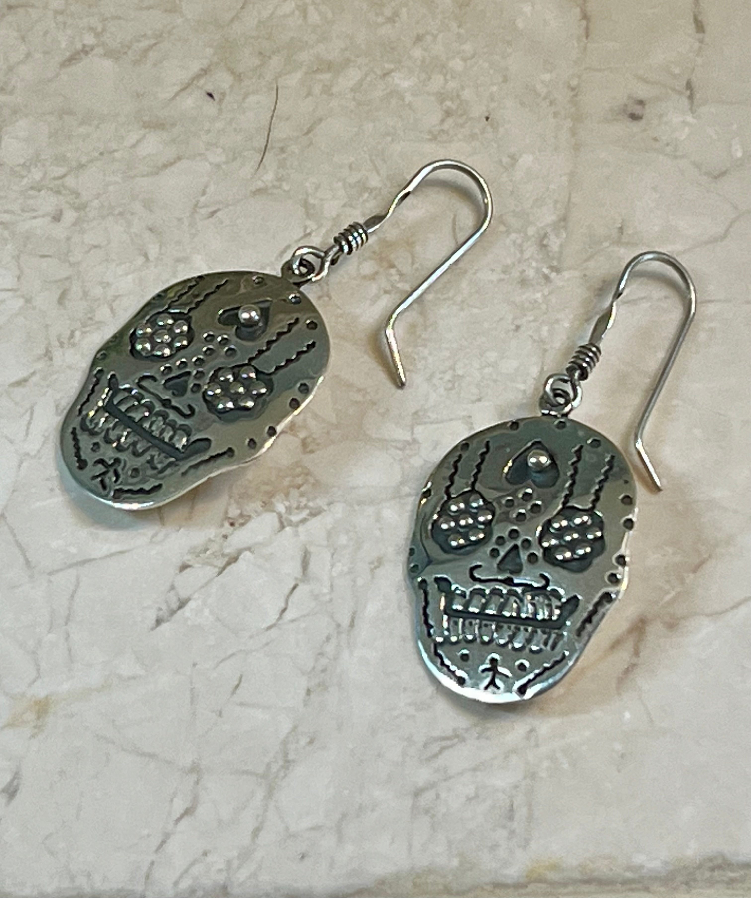 Sugar Skull with Upside Down Heart Sterling Silver Earrings