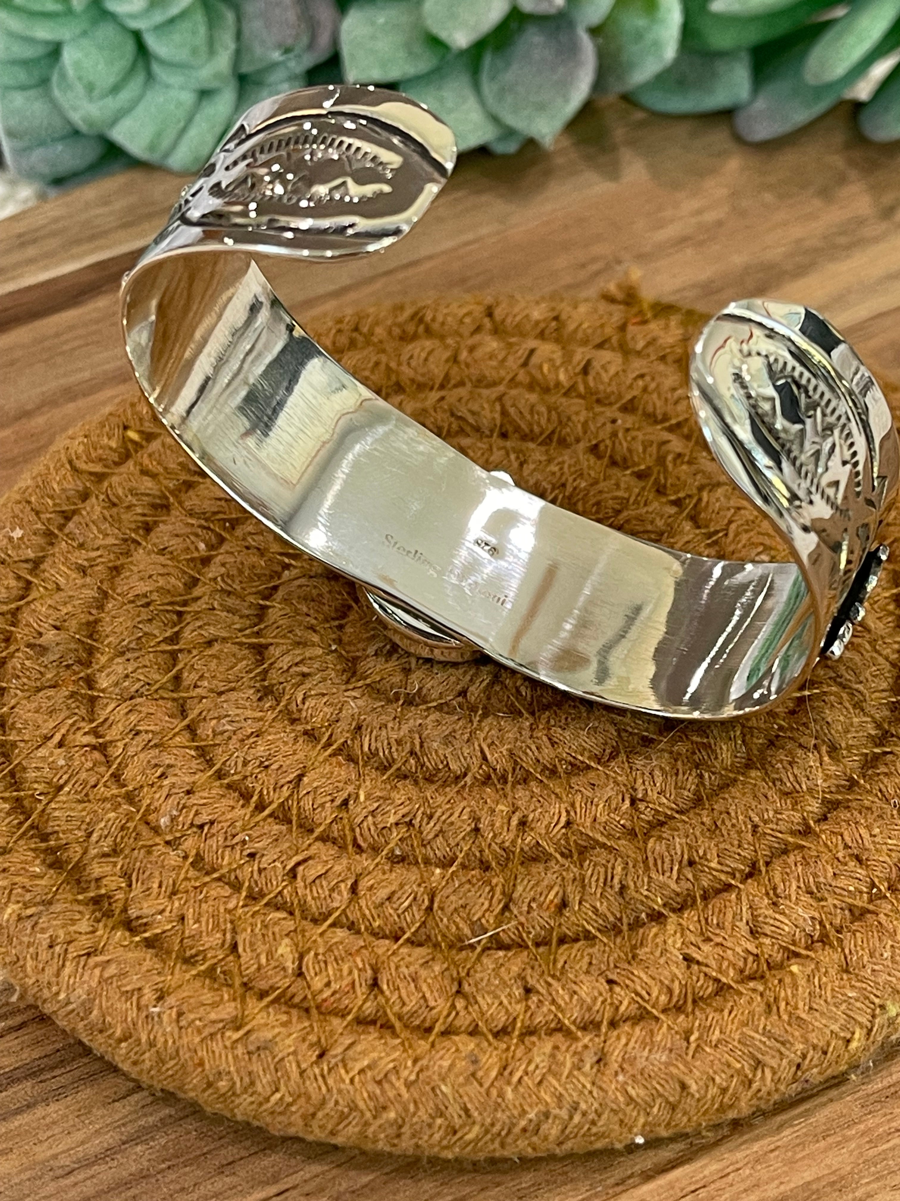 Handmade Sterling Silver Golden Hills Turquoise & Coral Cuff Bracelet with Signed Nizhoni