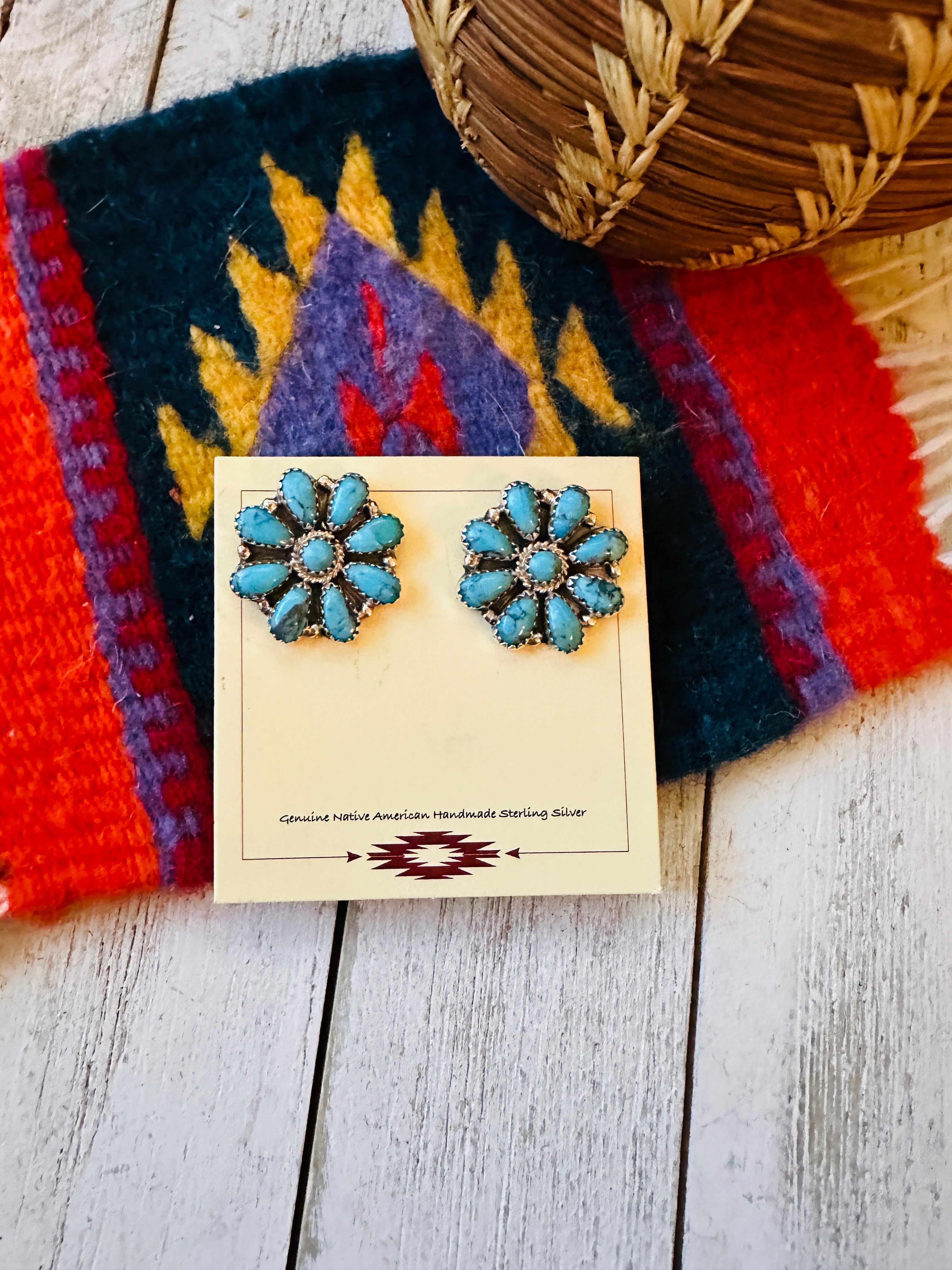 Navajo Sterling Silver & Turquoise Cluster Stud Earrings