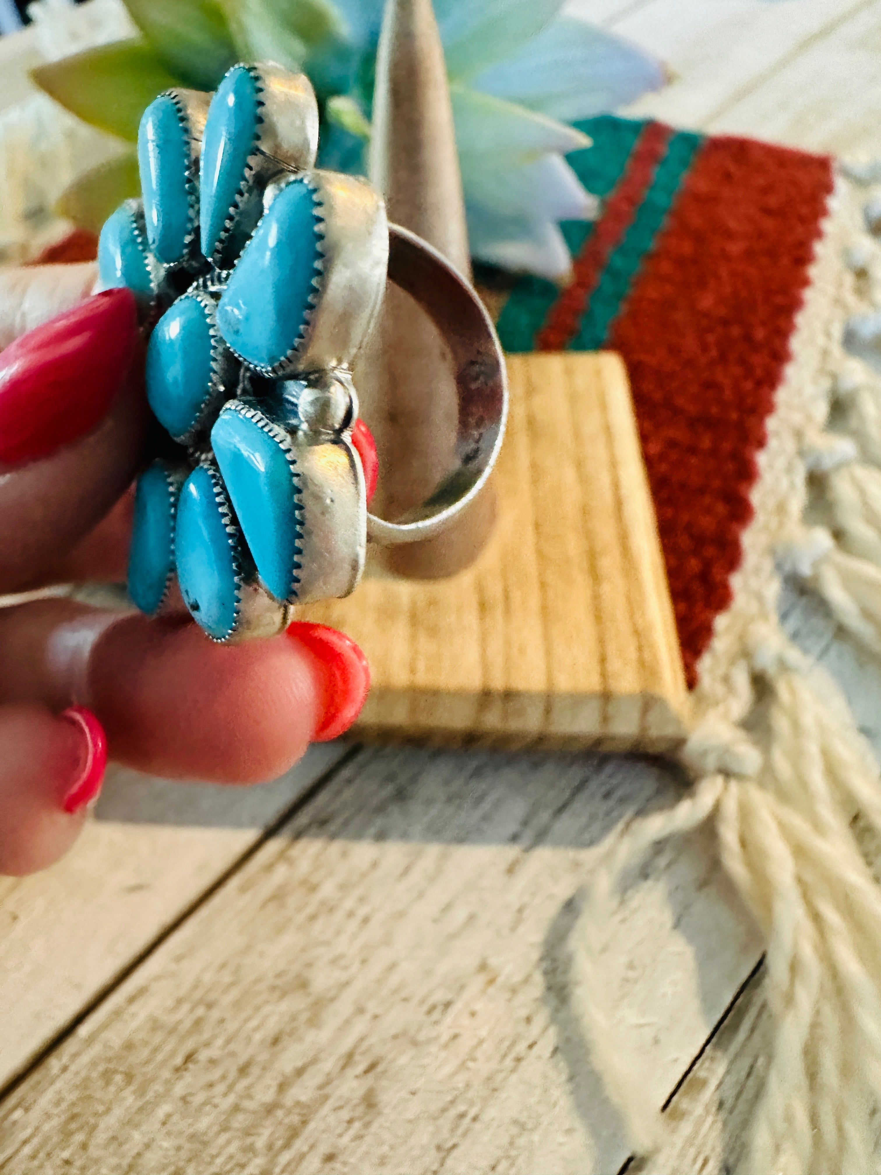 Navajo Turquoise & Sterling Silver Cluster Ring Size 10