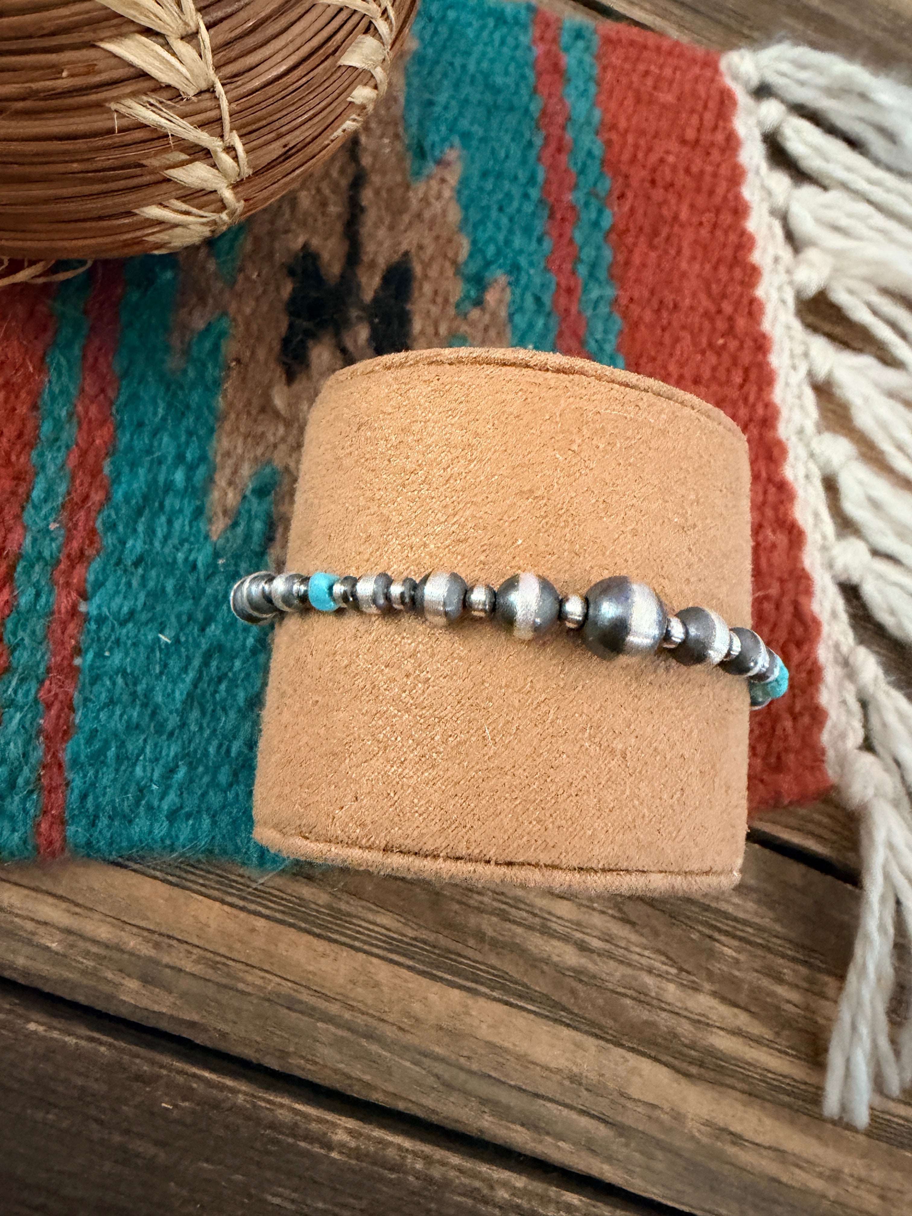 Handcrafted Turquoise & Sterling Silver Pearl Beaded Bracelet