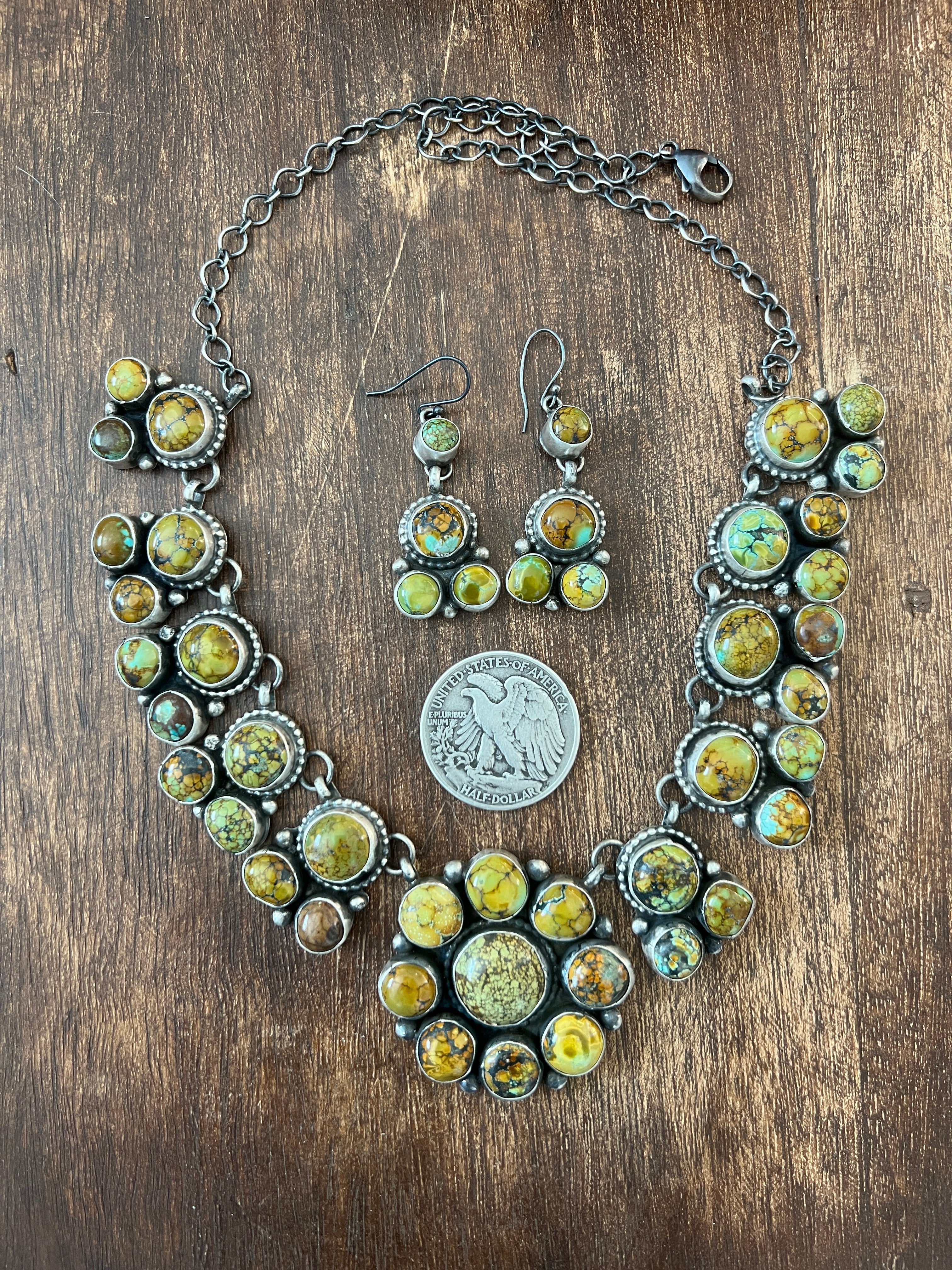 Handcrafted Sterling Silver and Blue Moon Turquoise Cluster Necklace and Earrings Set by Bobby Johnson
