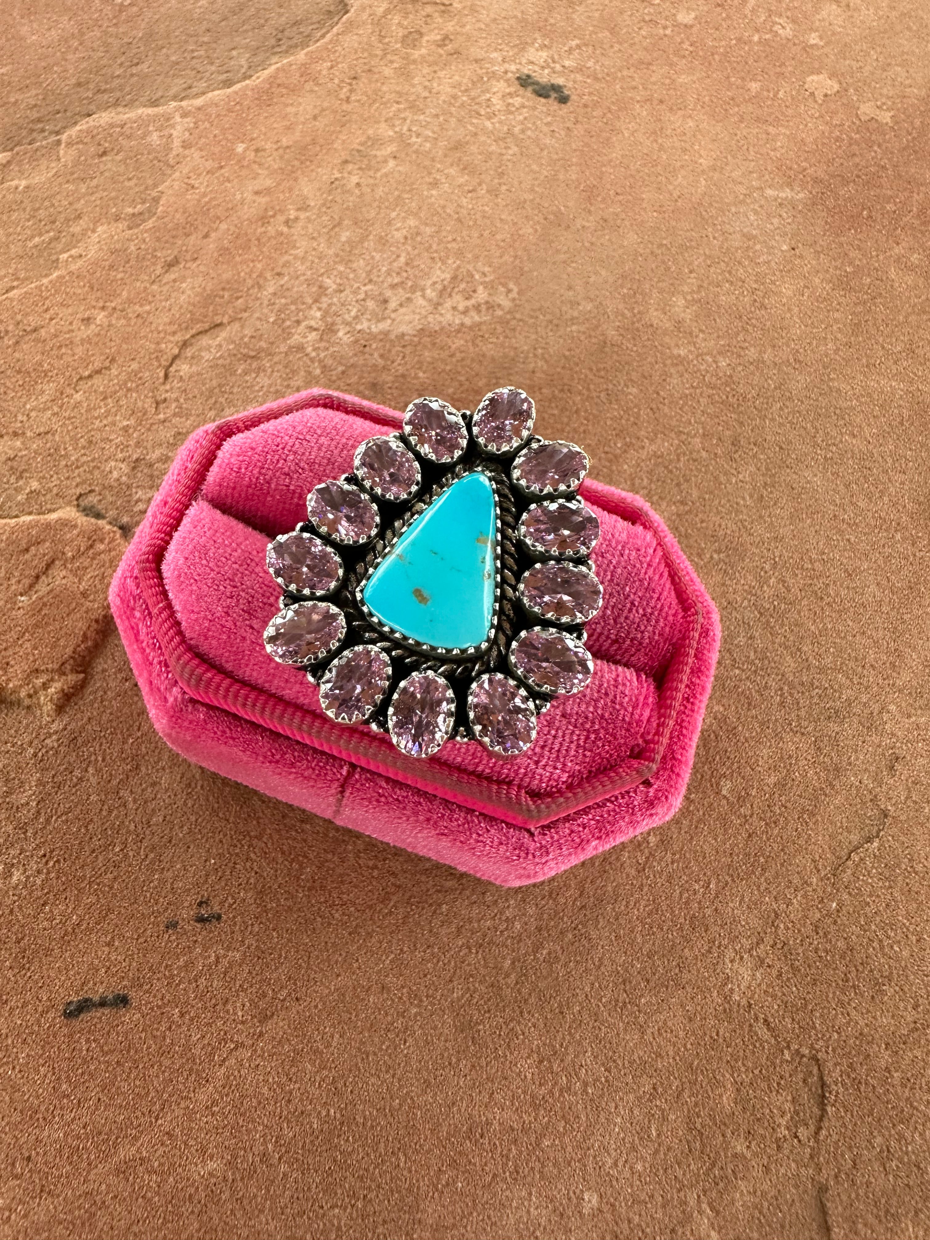 Handmade Turquoise, Pink & Sterling Silver Adjustable Ring