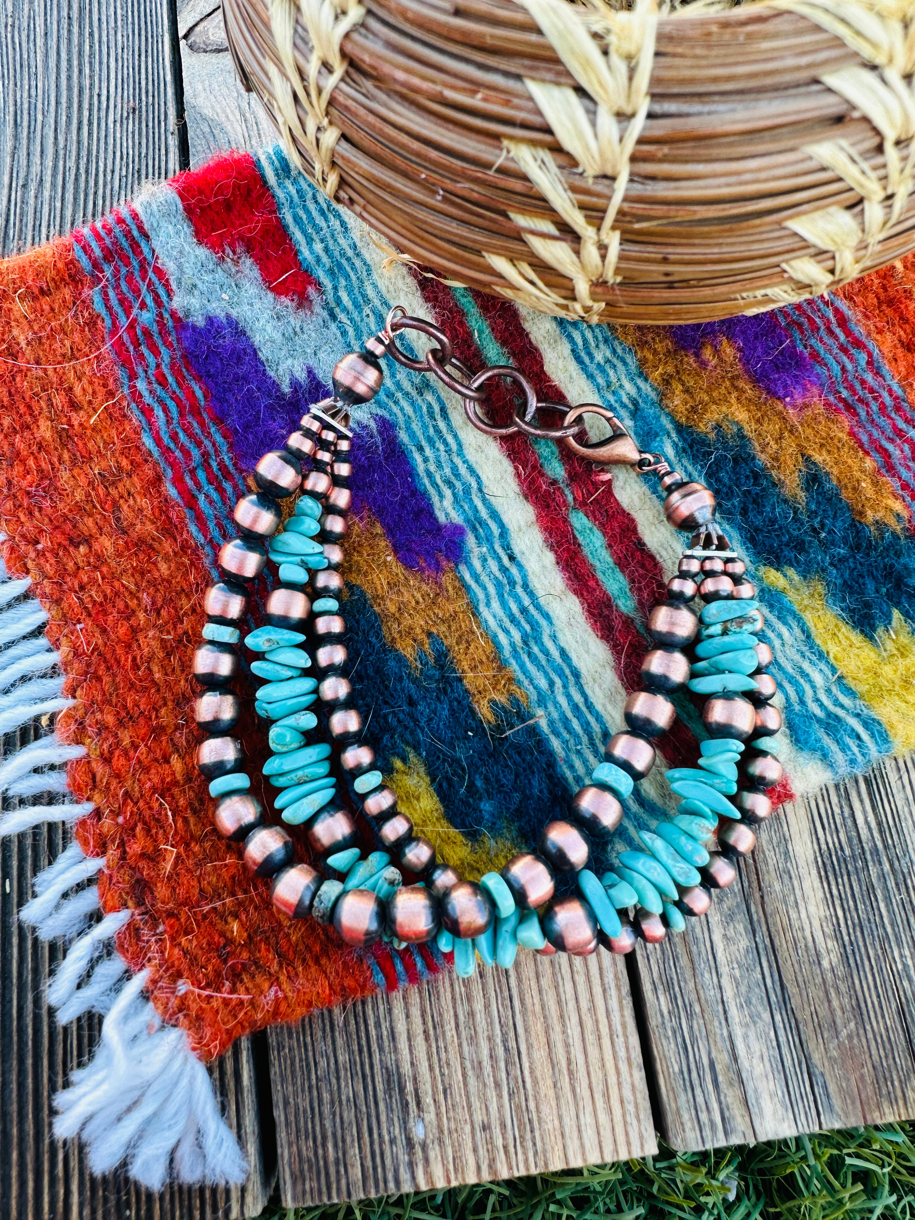 Handcrafted Turquoise & Copper Triple Strand Beaded Bracelet