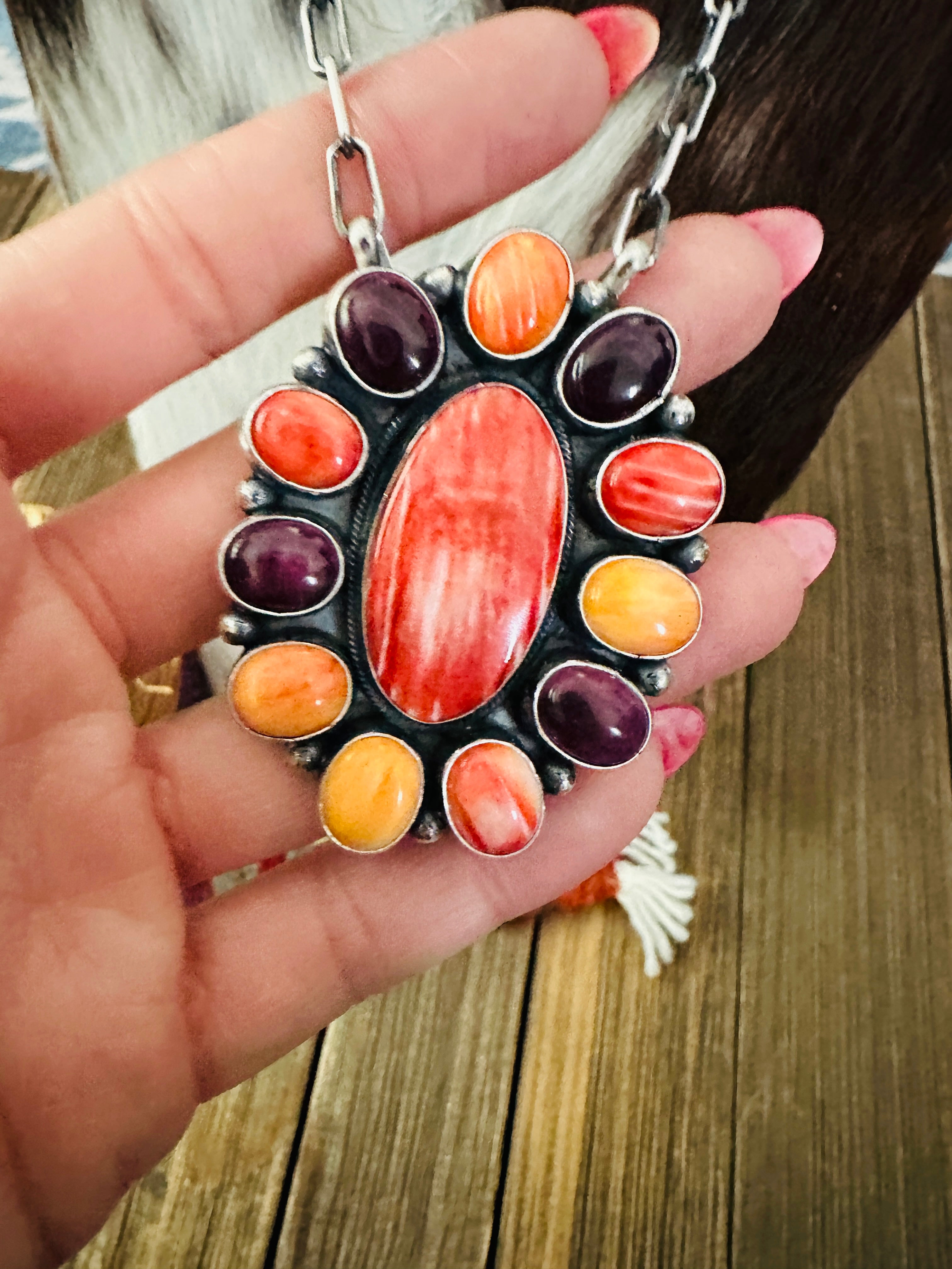 Handcrafted Multicolor Spiny Oyster & Sterling Silver Cluster Necklace by Sheila Becenti