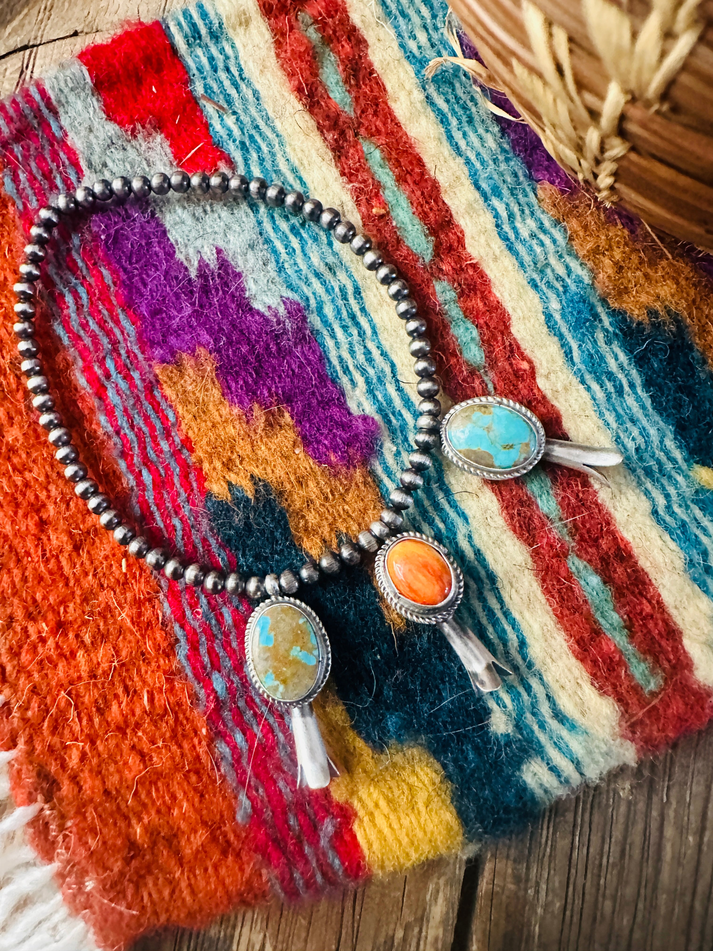 Handcrafted 3mm Sterling Silver Pearl, Turquoise & Spiny Oyster Blossom Stretch Bracelet