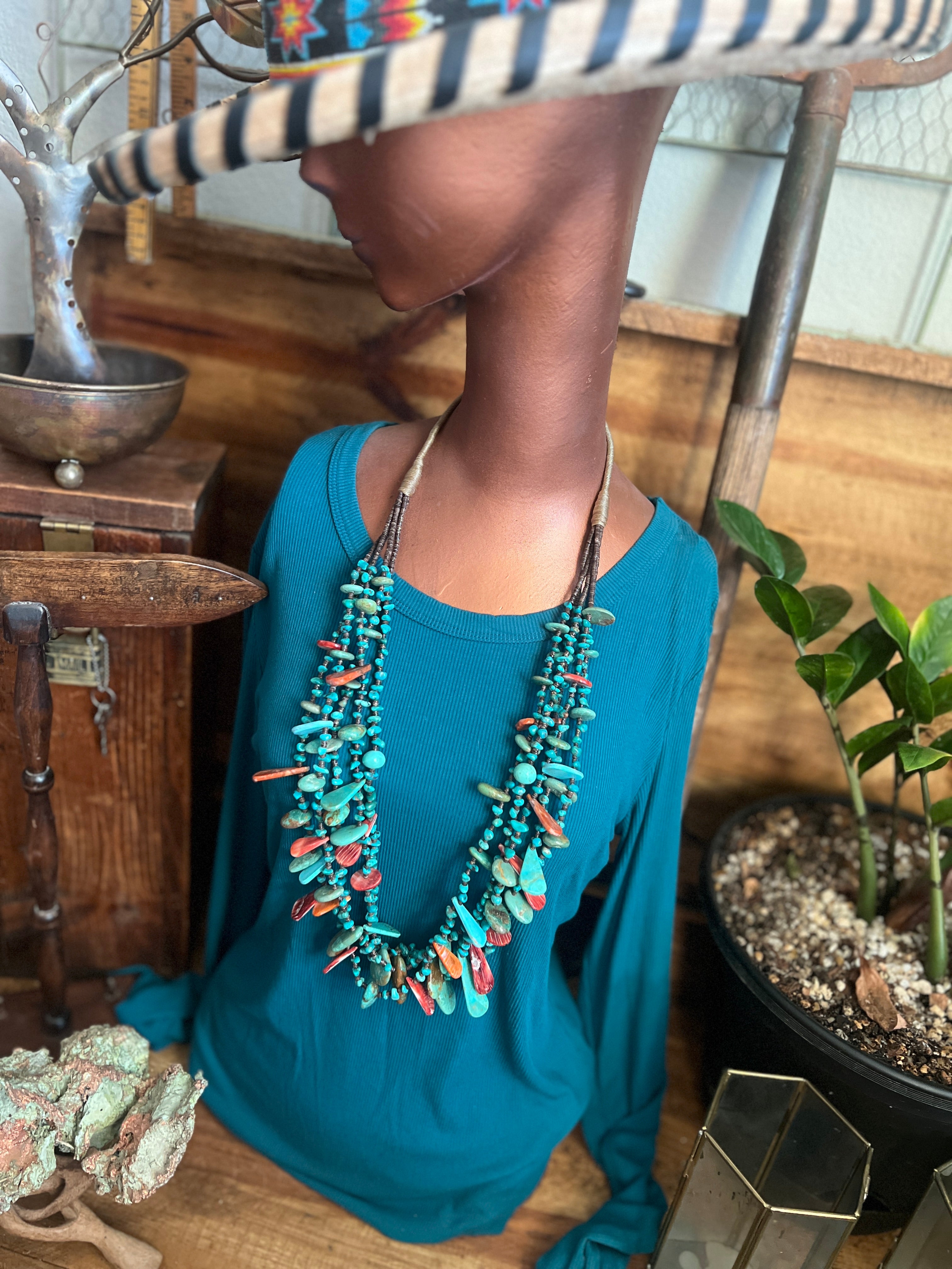 Gorgeous Handcrafted Five Strand Turquoise and Spiny Oyster Beaded Squaw Wrap Necklace with Tabs by Daniel Coriz
