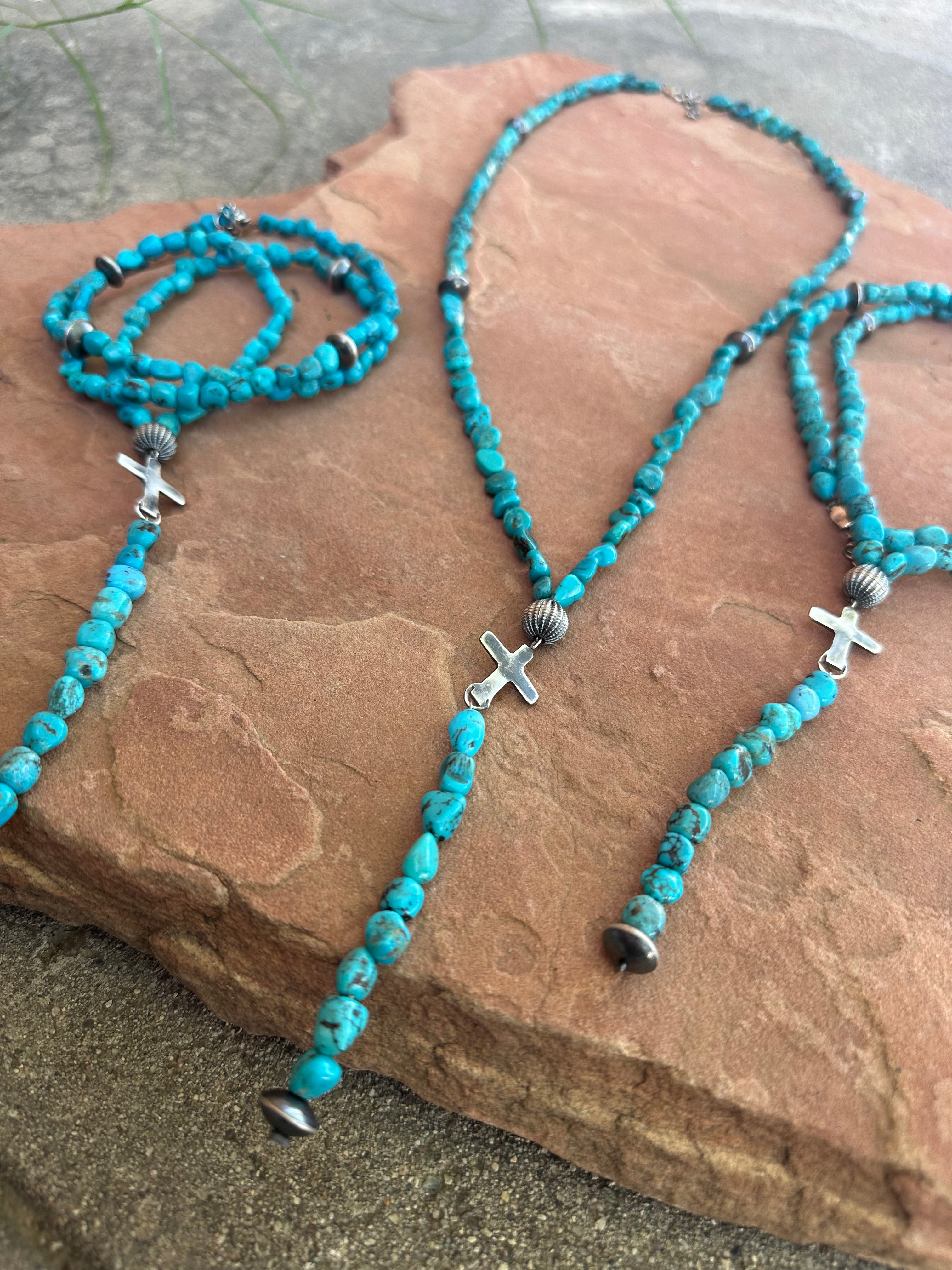 Nizhoni’s Handmade Sterling Silver Turquoise Beaded Lariat Cross Necklace