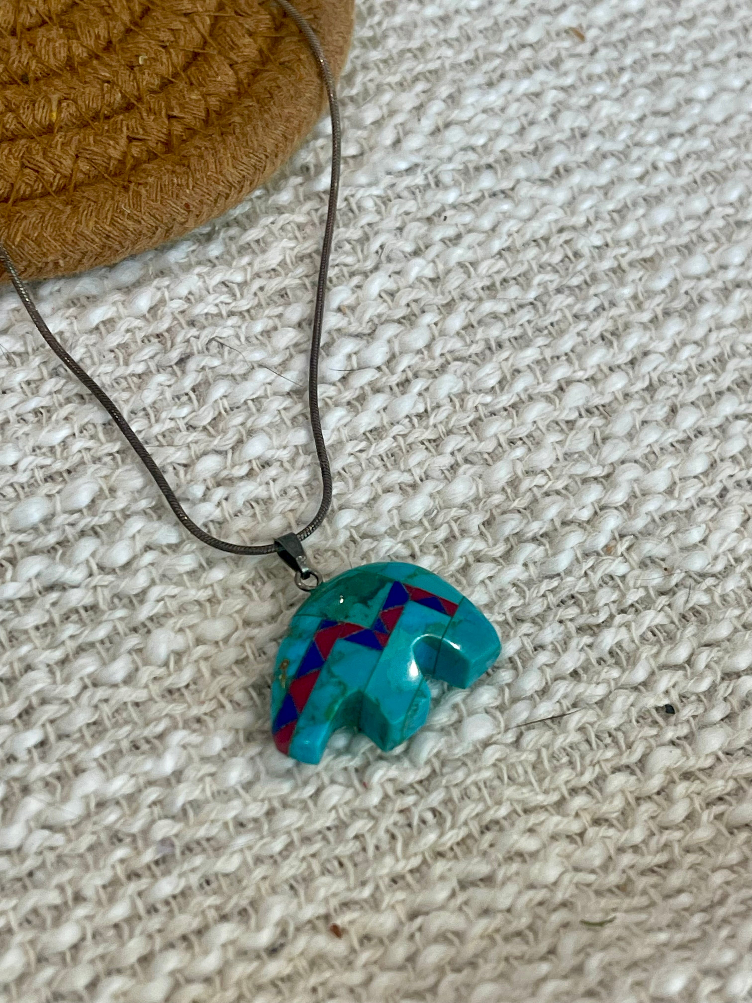 Vintage Old Pawn Turquoise & Multi Stone Bear and Sterling Silver Necklace