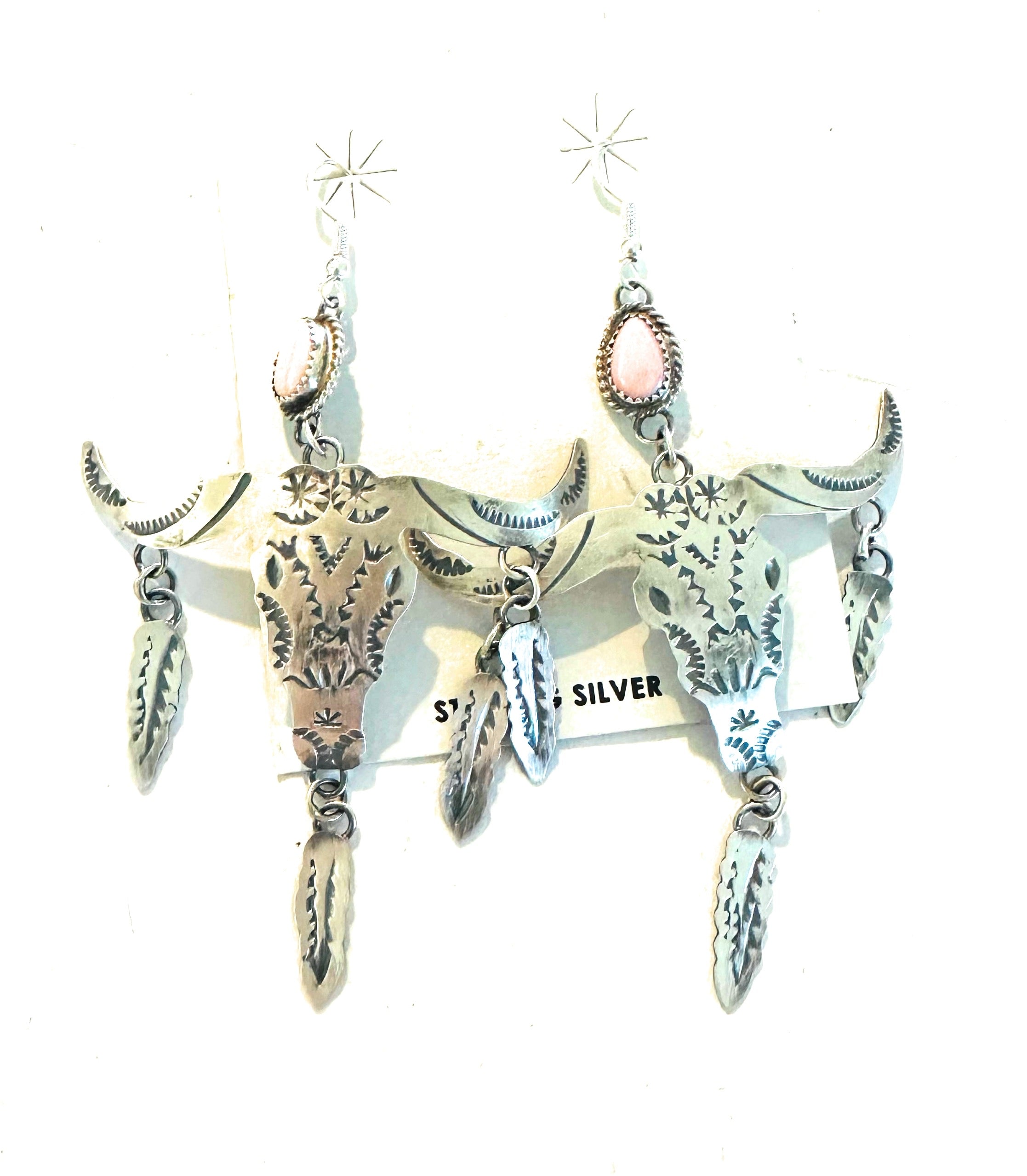 Navajo Queen Pink Conch & Sterling Silver Bull Head Dangle Earrings