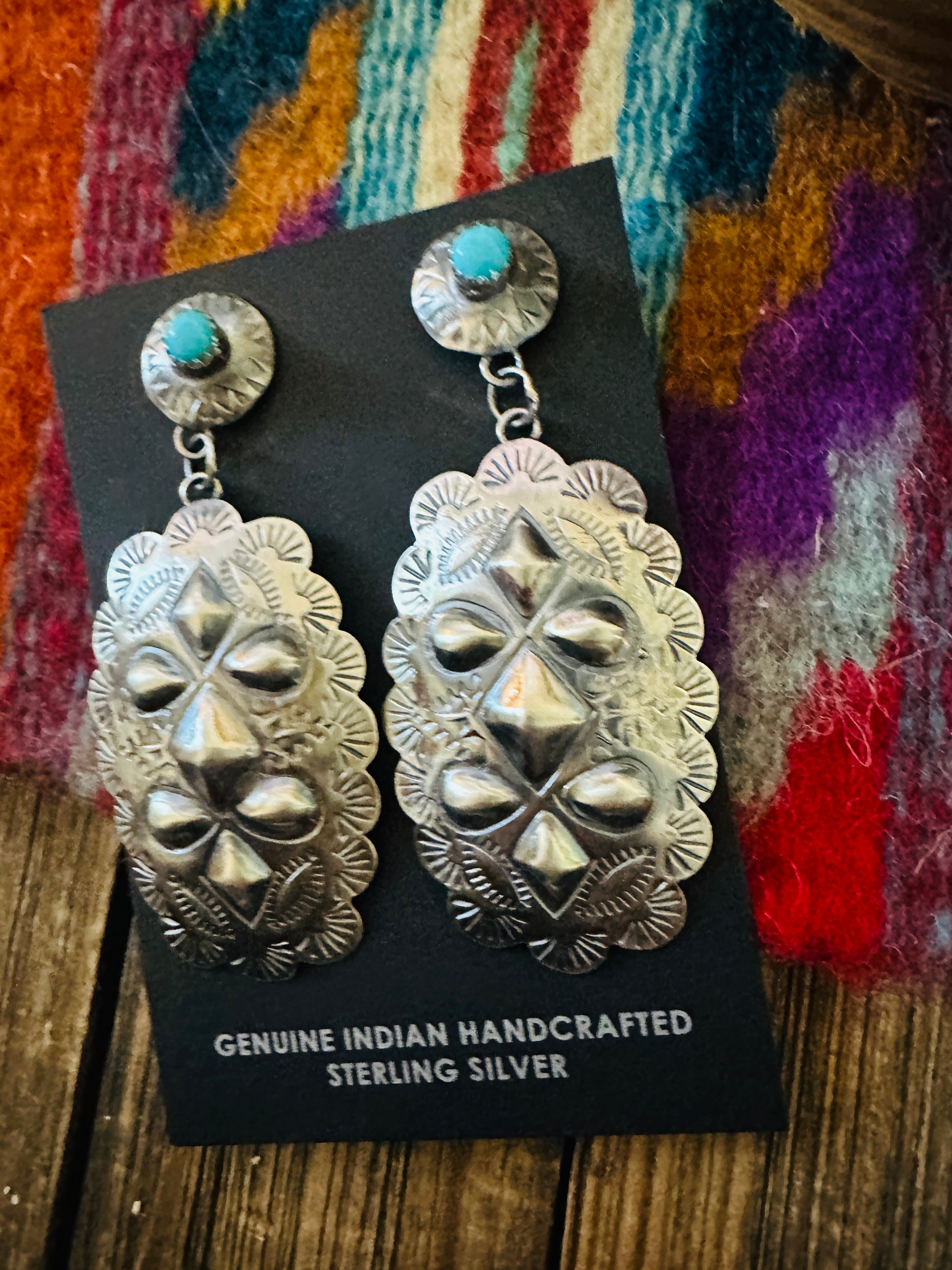 Handcrafted Turquoise & Sterling Silver Concho Dangle Earrings by Tim Yazzie