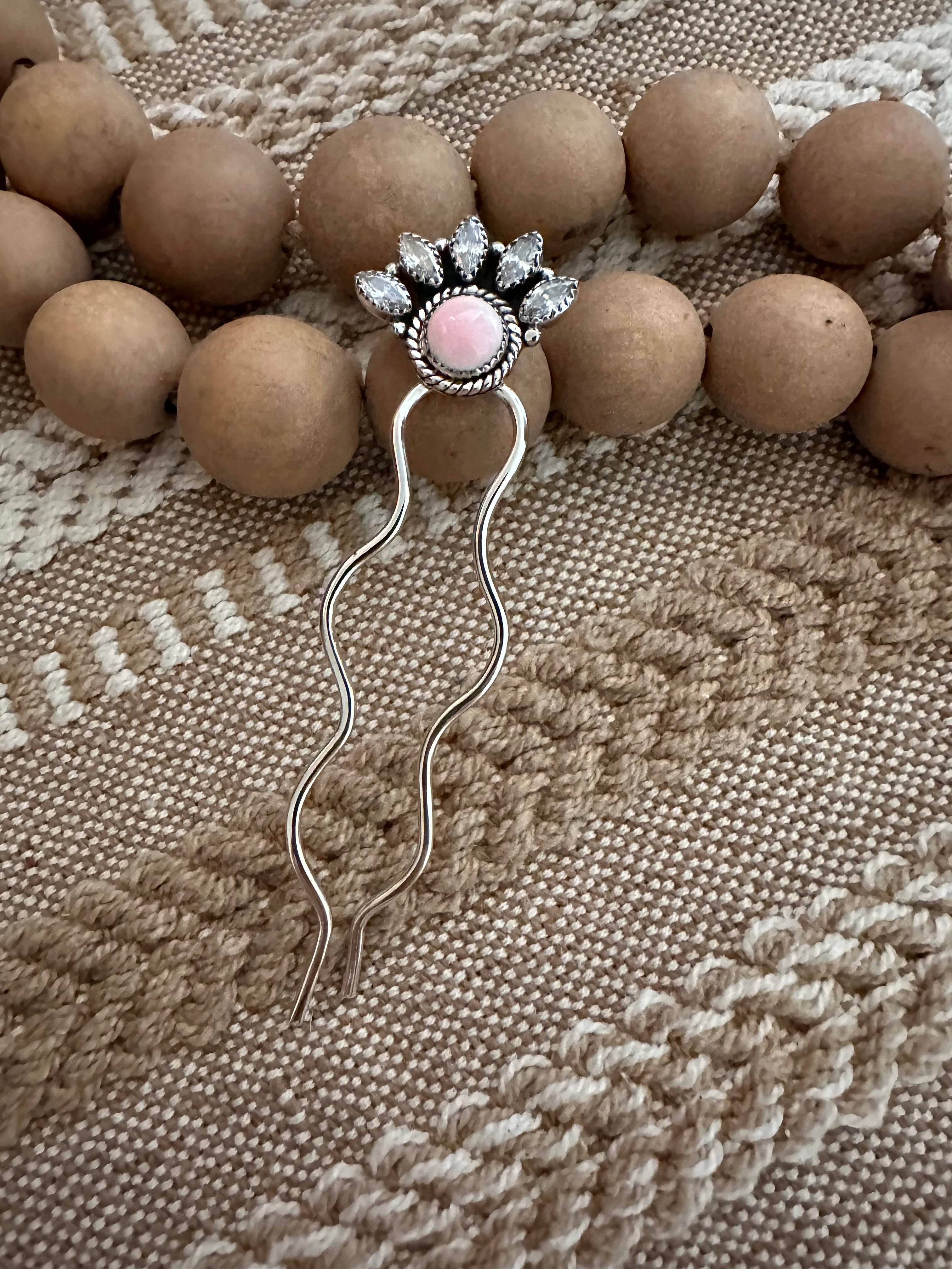 Handmade CZ, Pink Conch & Sterling Silver Hair Pin