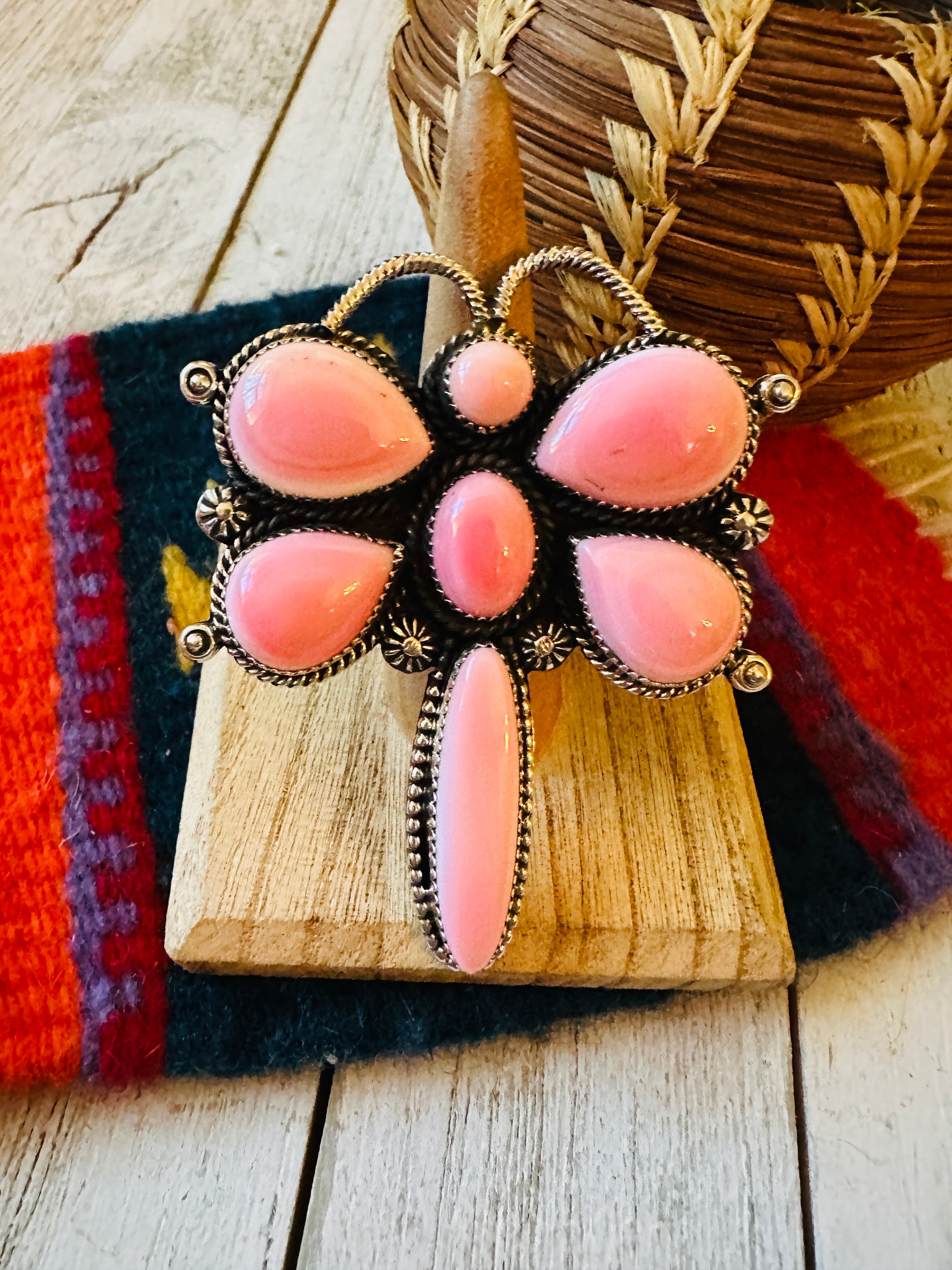 Navajo Sterling Silver and Queen Pink Conch Shell Dragonfly Adjustable Ring