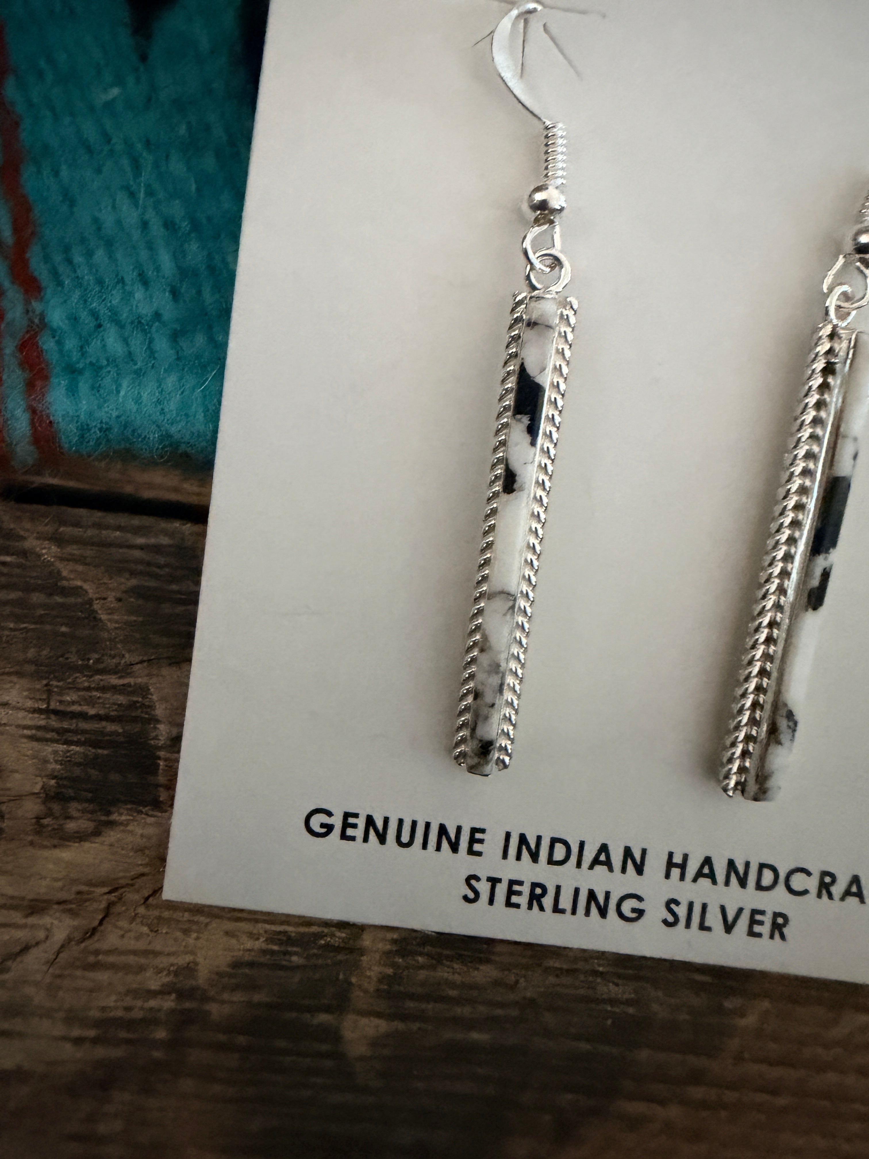 Handcrafted White Buffalo & Sterling Silver Inlay Dangle Earrings by Allen Barney