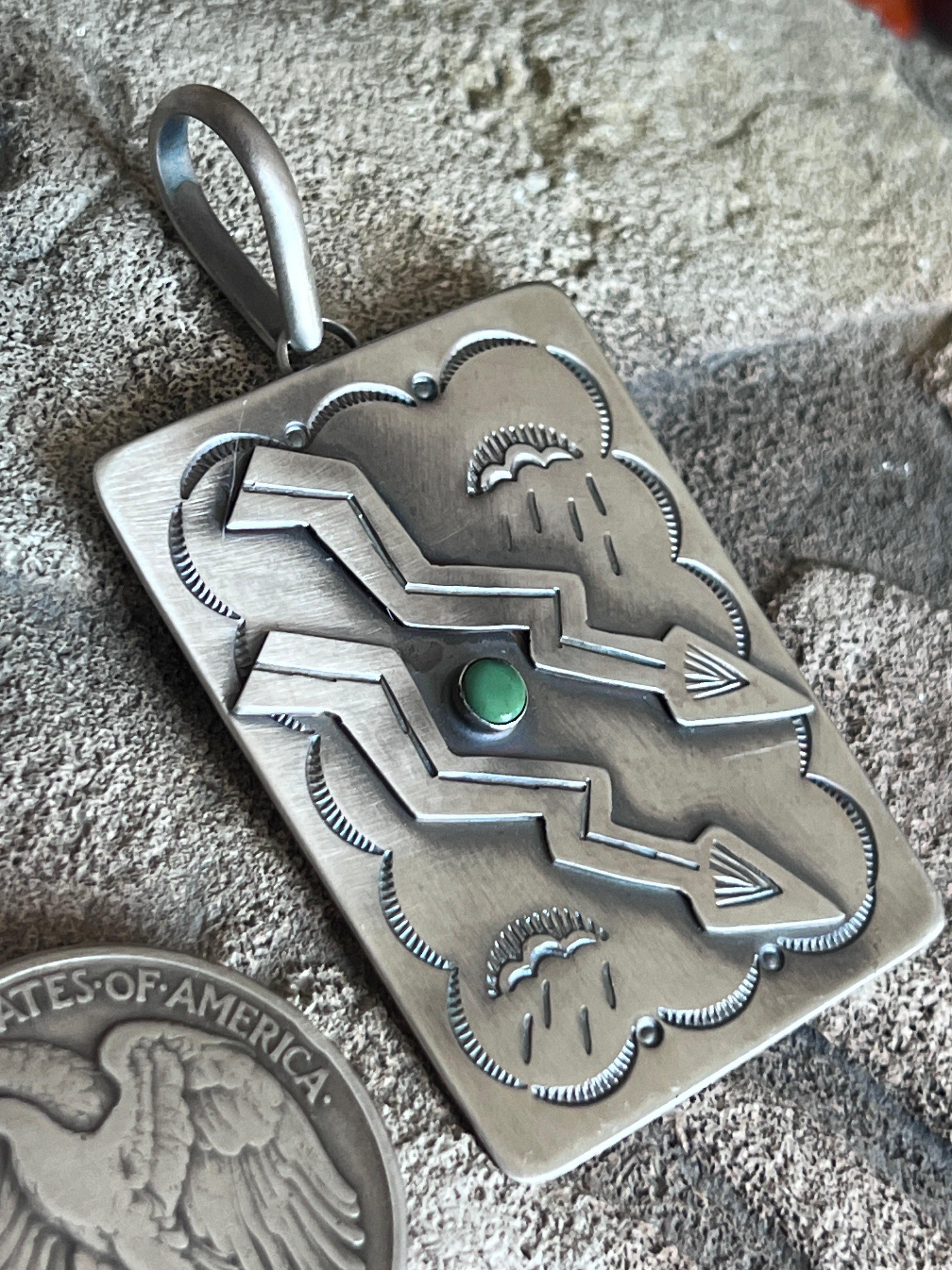 Hand Stamped Sterling Silver Fred Harvey Era Inspired Double Lightning Strike Tag Pendant by Kimari Somers