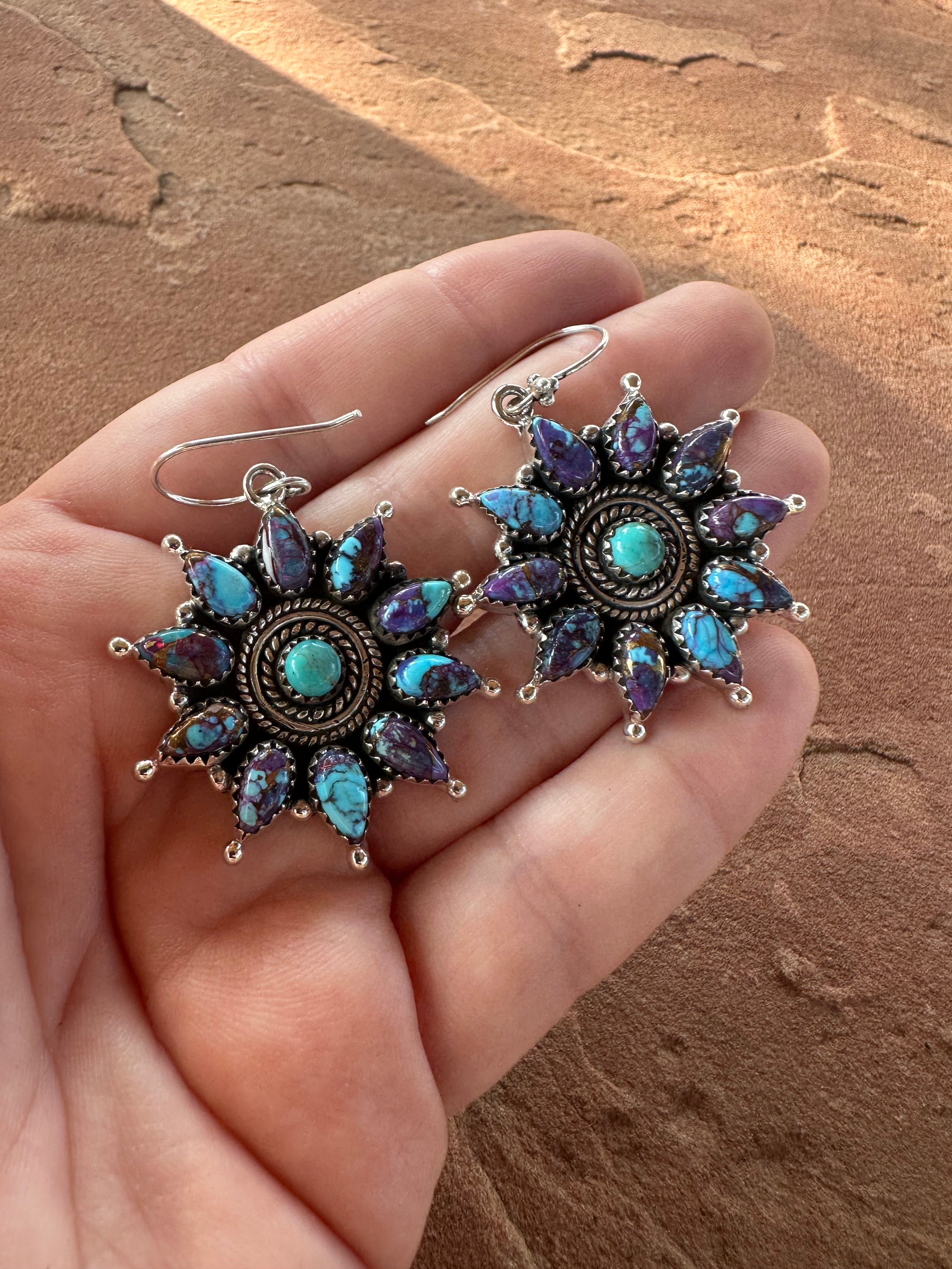 Handmade Purple Dream, Turquoise And Sterling Silver Cluster Dangle Earrings