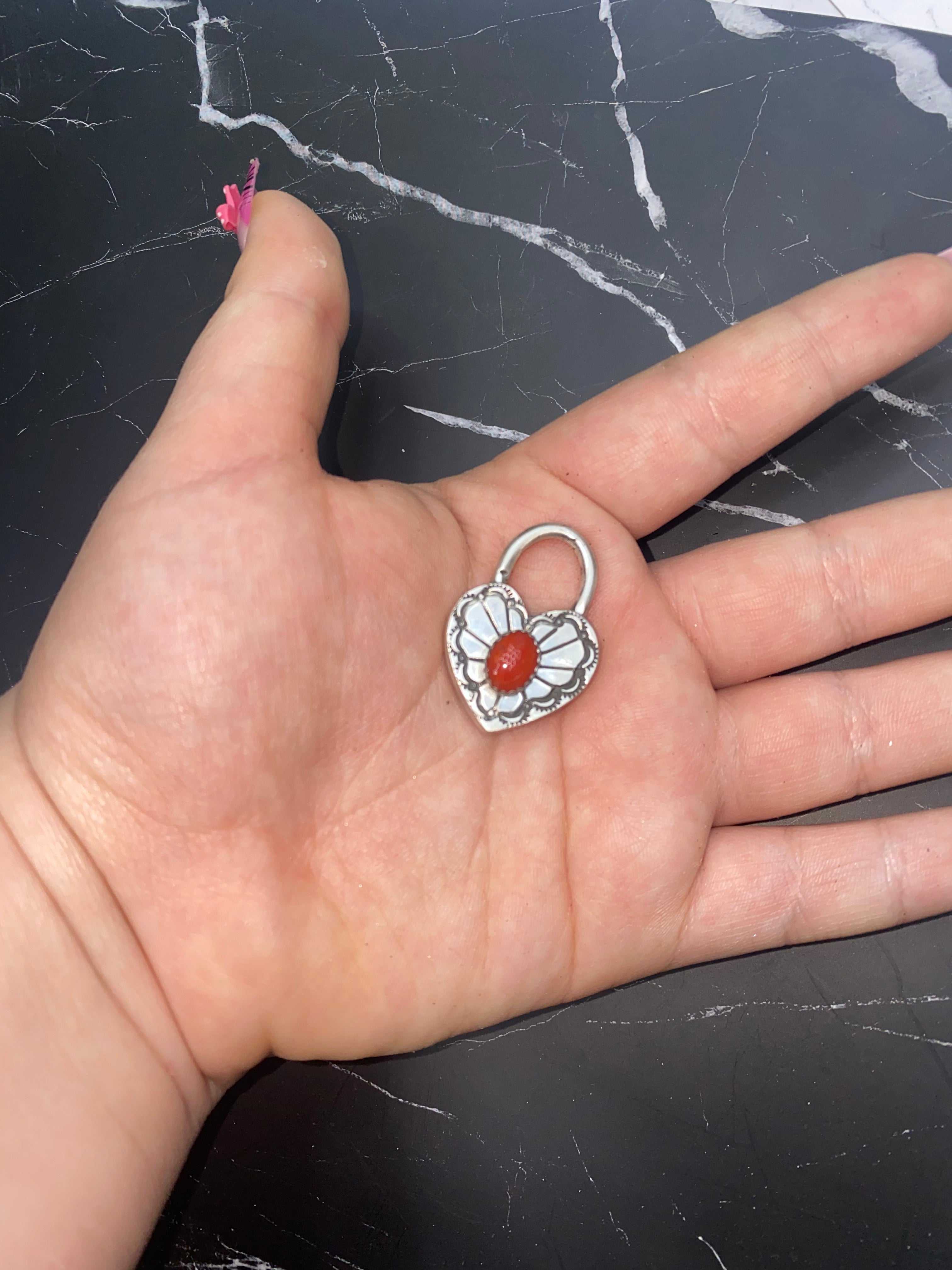Sterling Silver Padlock Pendant with Coral Stone