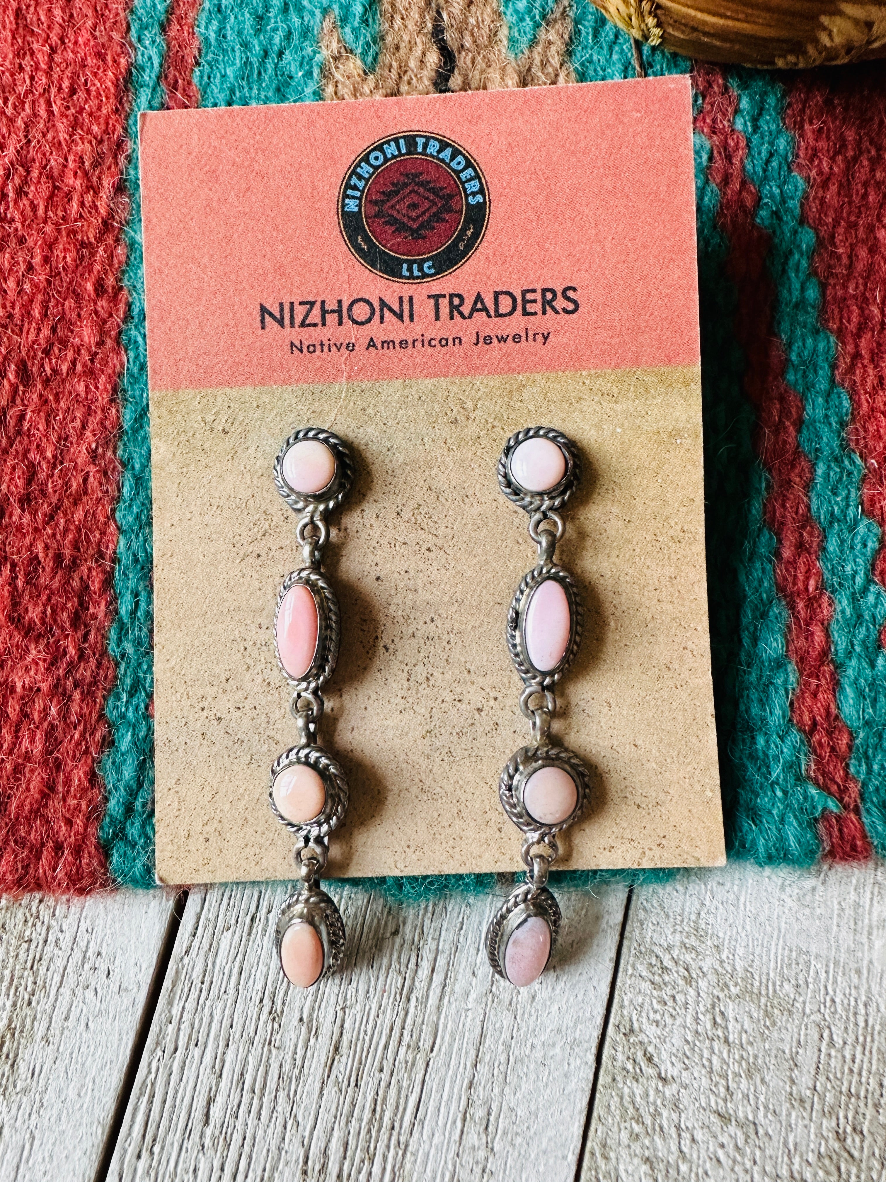 Navajo Queen Pink Conch & Sterling Silver 4-Stone Dangle Earrings