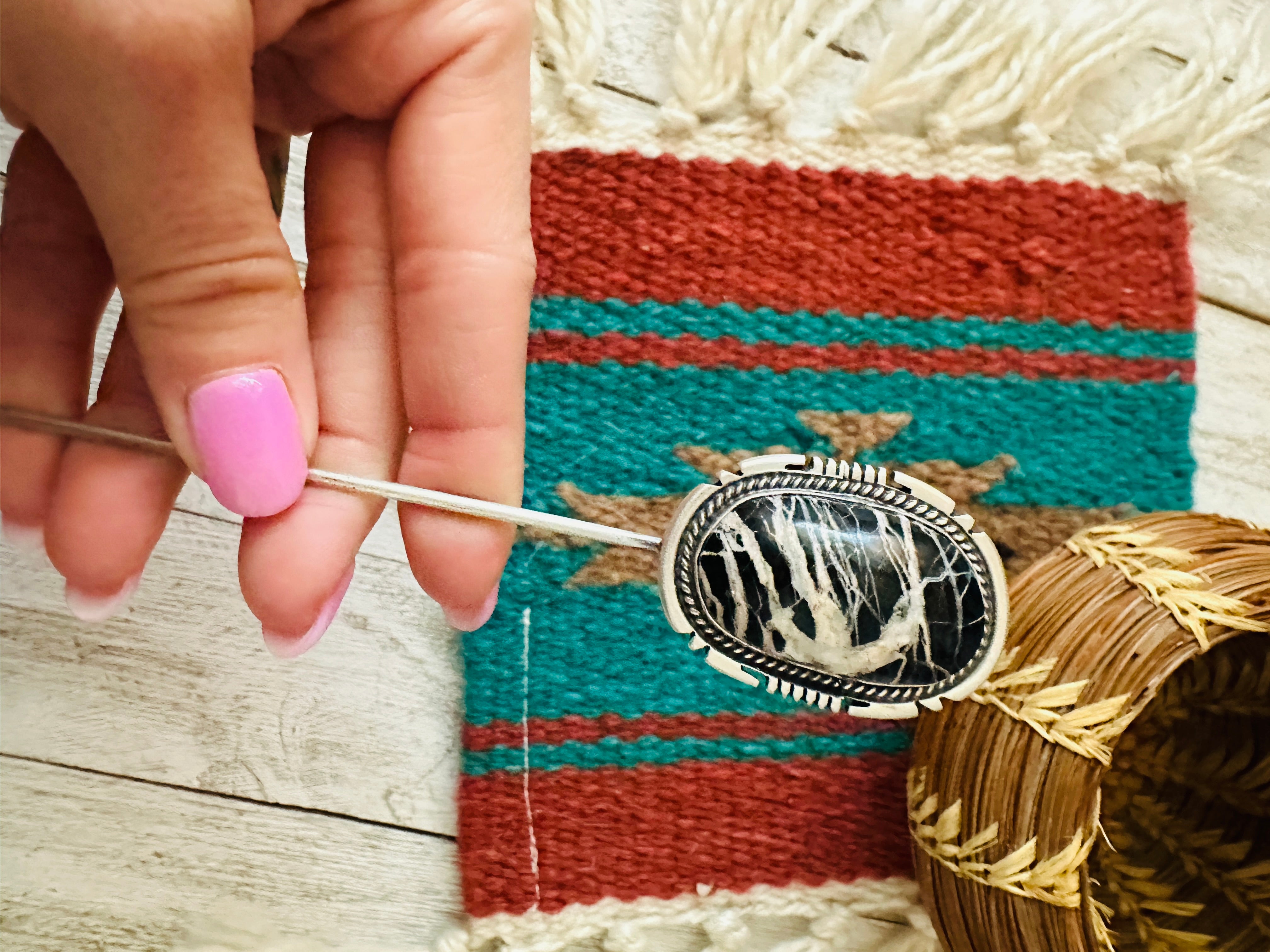 Navajo White Buffalo & Sterling Silver Hair Pin