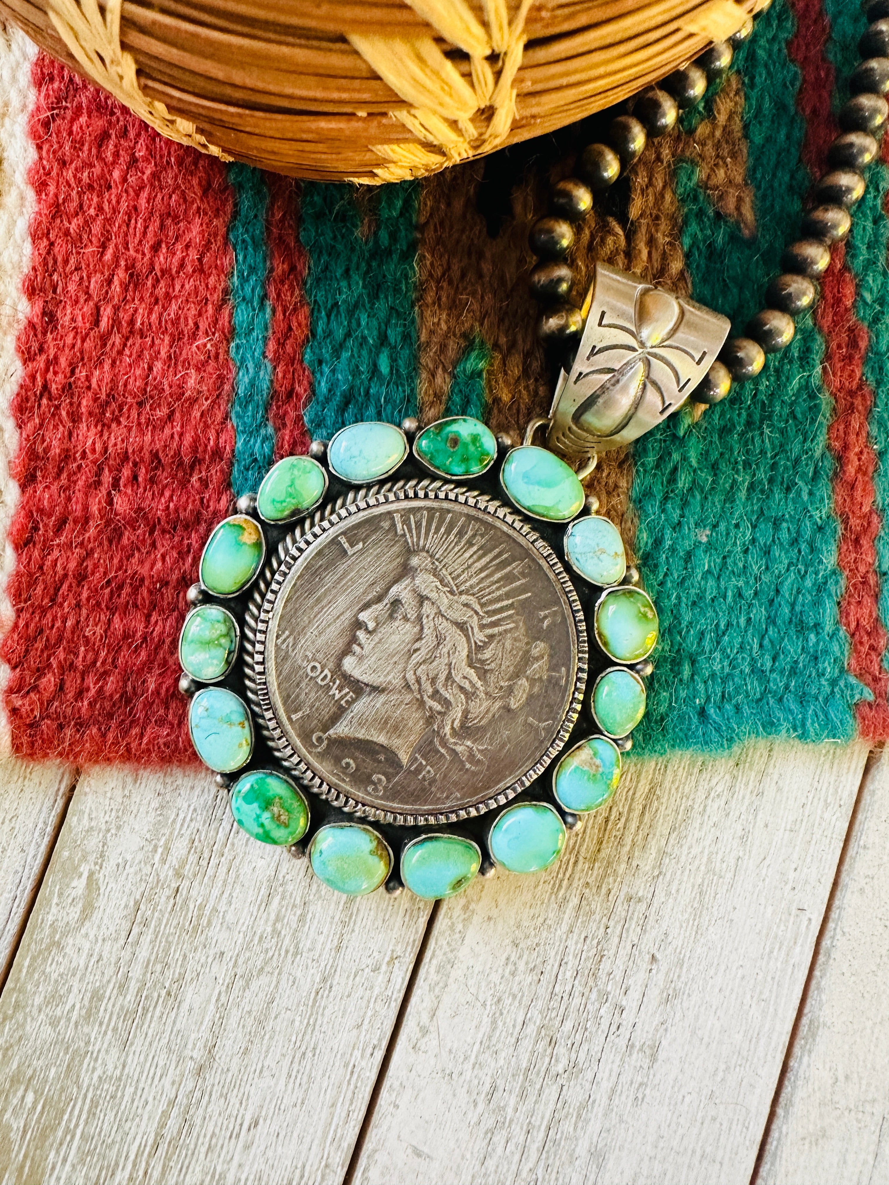 Navajo Sterling Silver & Turquoise Liberty Coin Pendant