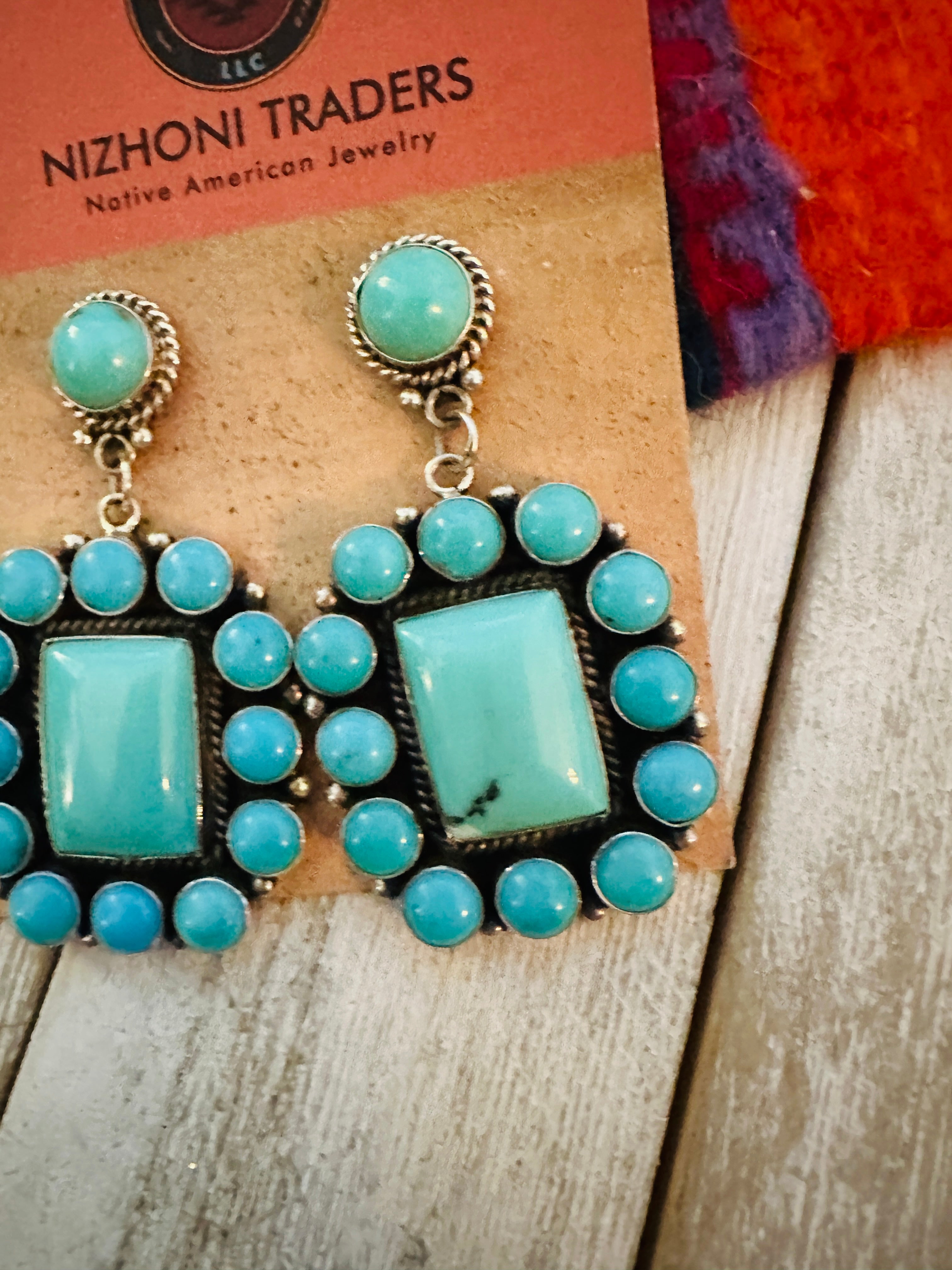 Navajo Sterling Silver & Turquoise Cluster Dangle Earrings