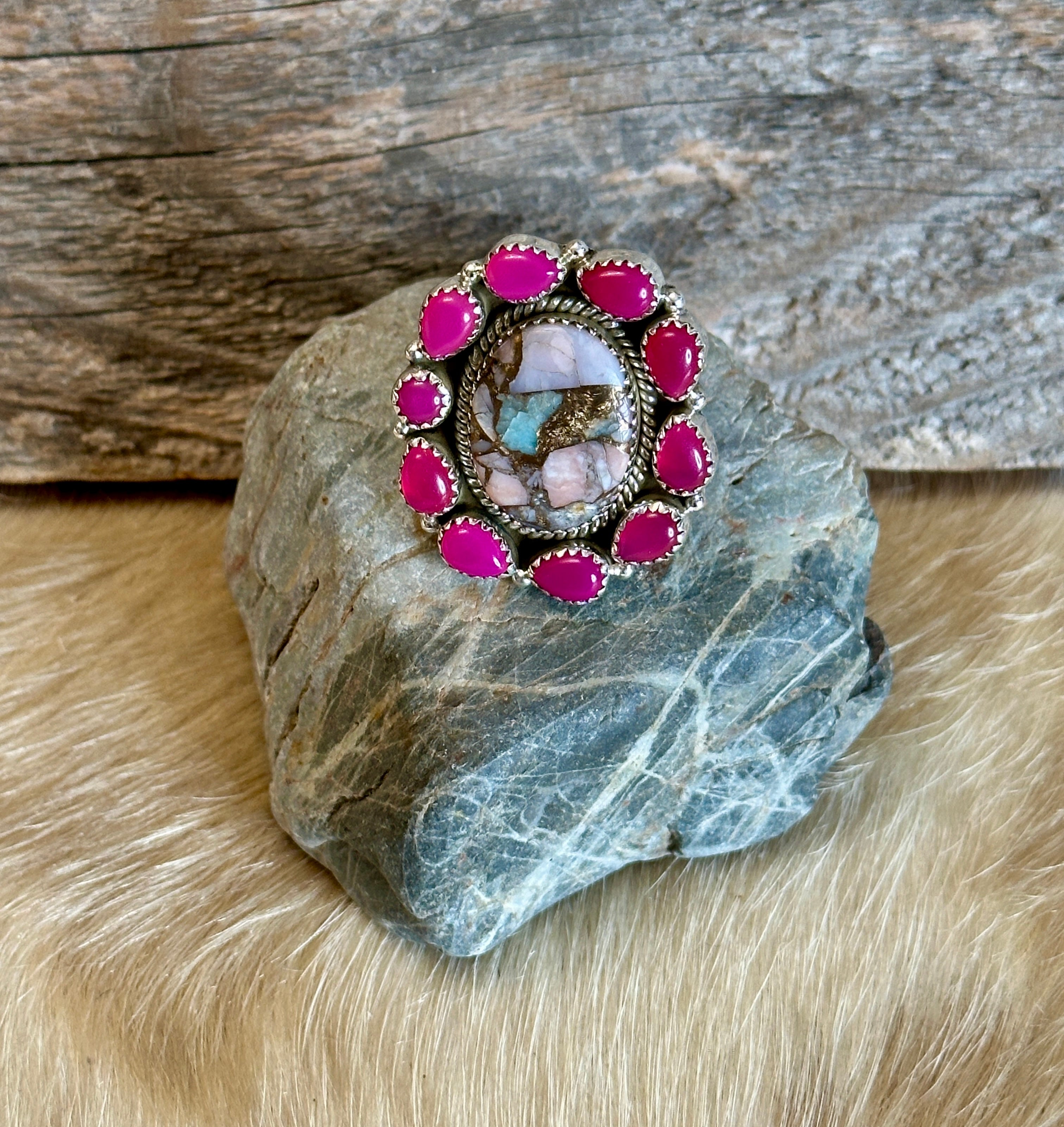 Handmade Pink Opal MultiStone Sterling Silver Adjustable Ring