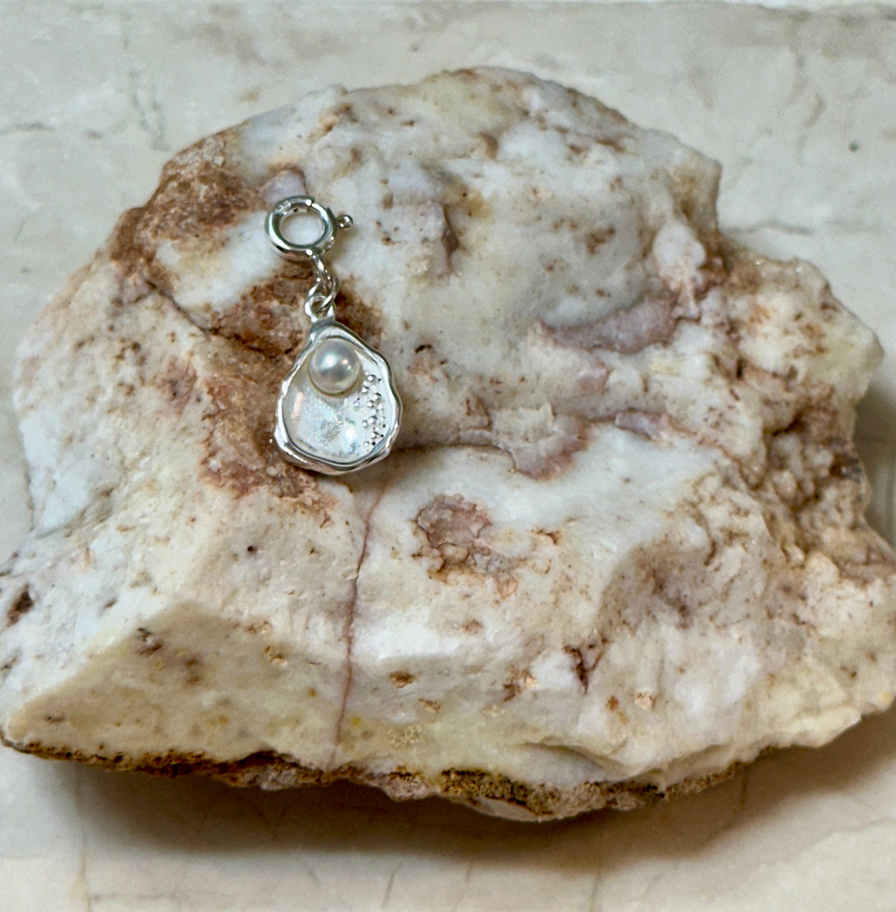 Sterling Silver Oyster Shell with Pearl Charm