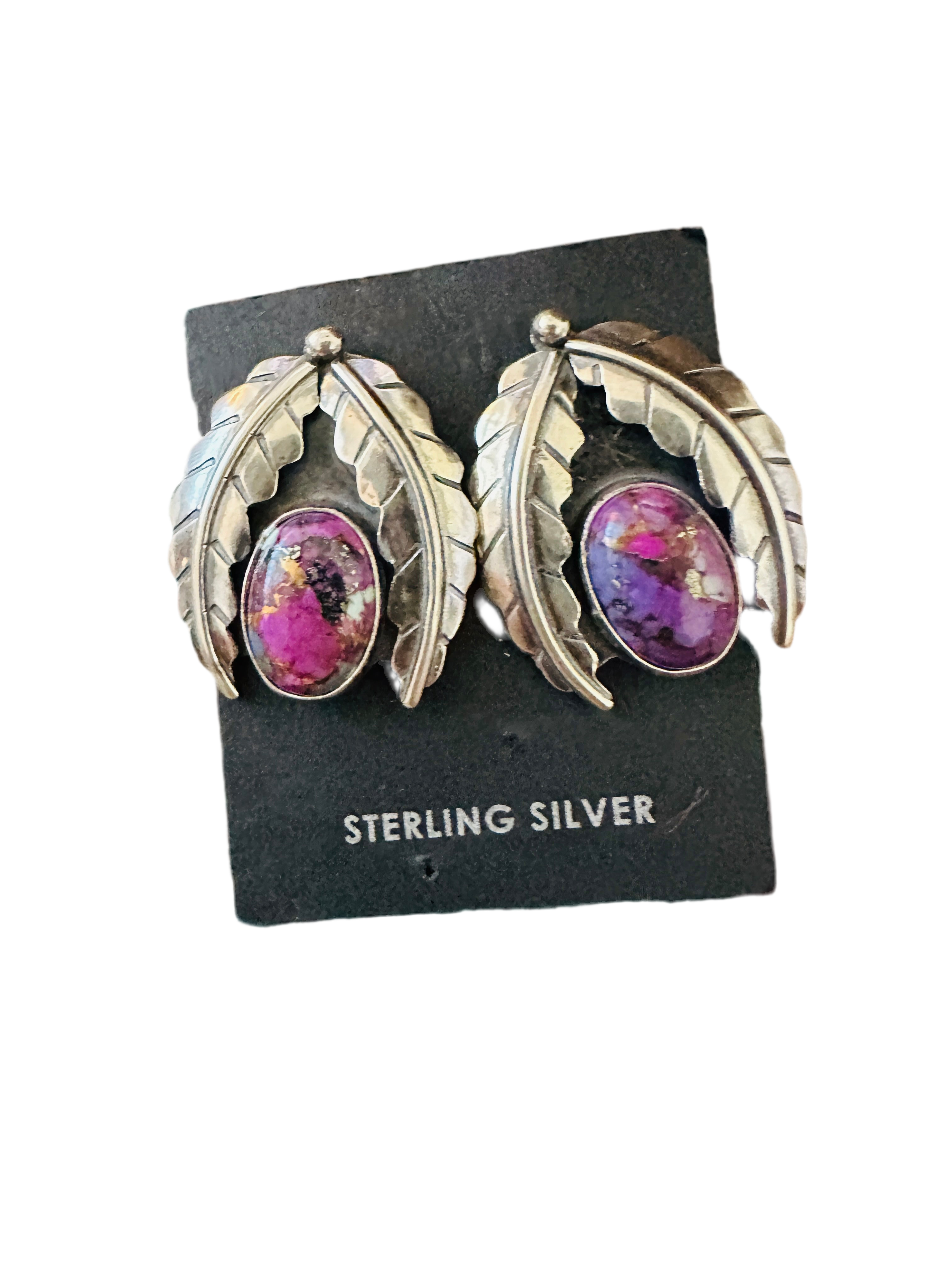 Navajo Pink Mojave & Sterling Silver Leaf Post Earrings