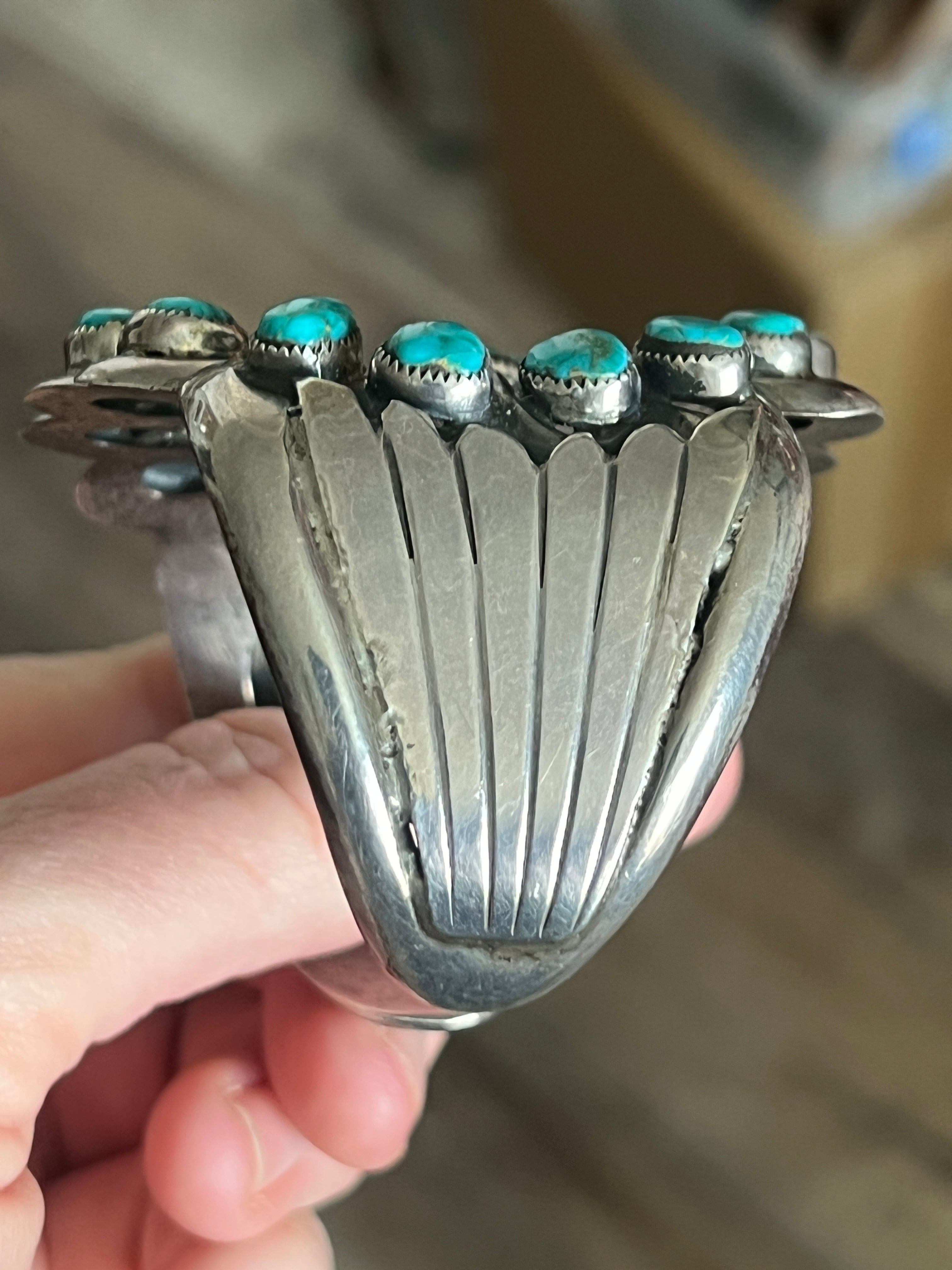 Vintage Cast Sterling Silver and Turquoise Flower Motif Cuff Bracelet