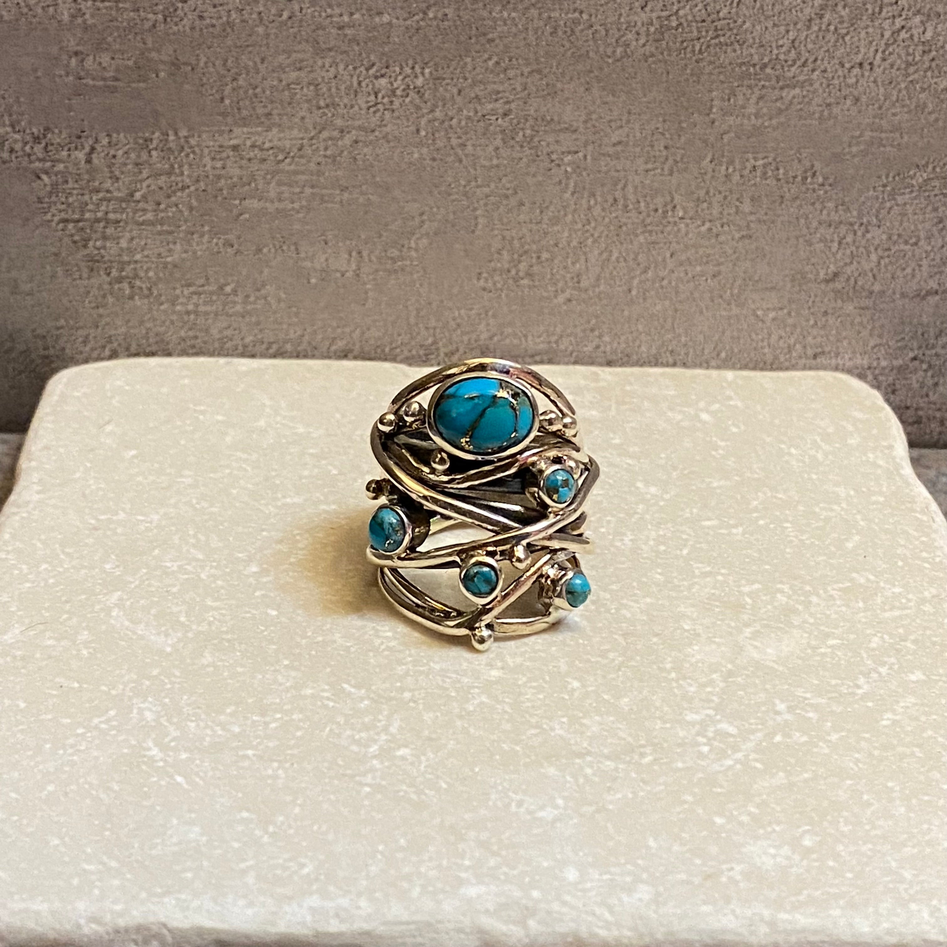 Sterling Silver Five Stone Copper Turquoise Strand Ring Size 6.75