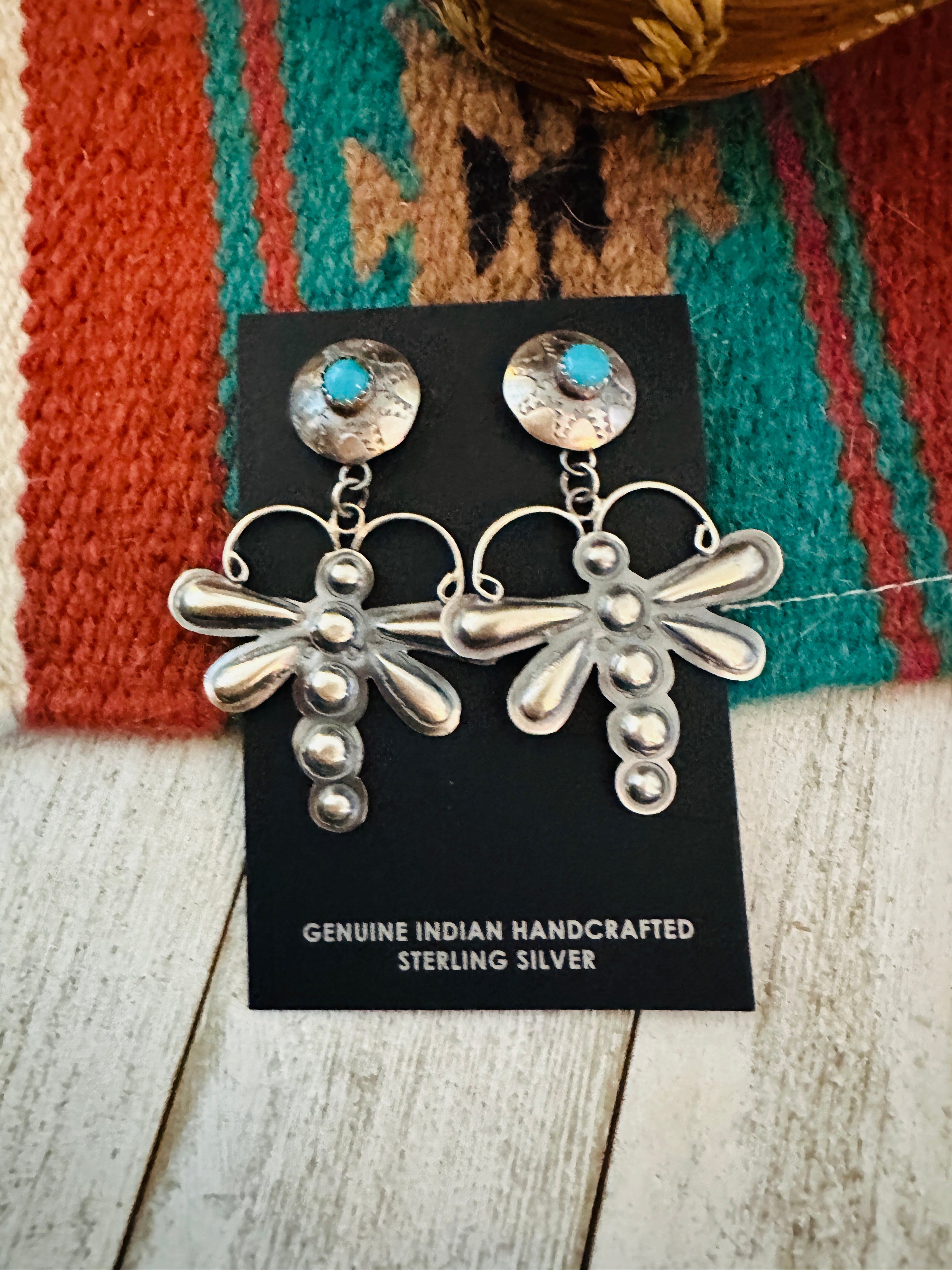 Navajo Turquoise & Sterling Silver Dragonfly Dangle Earrings