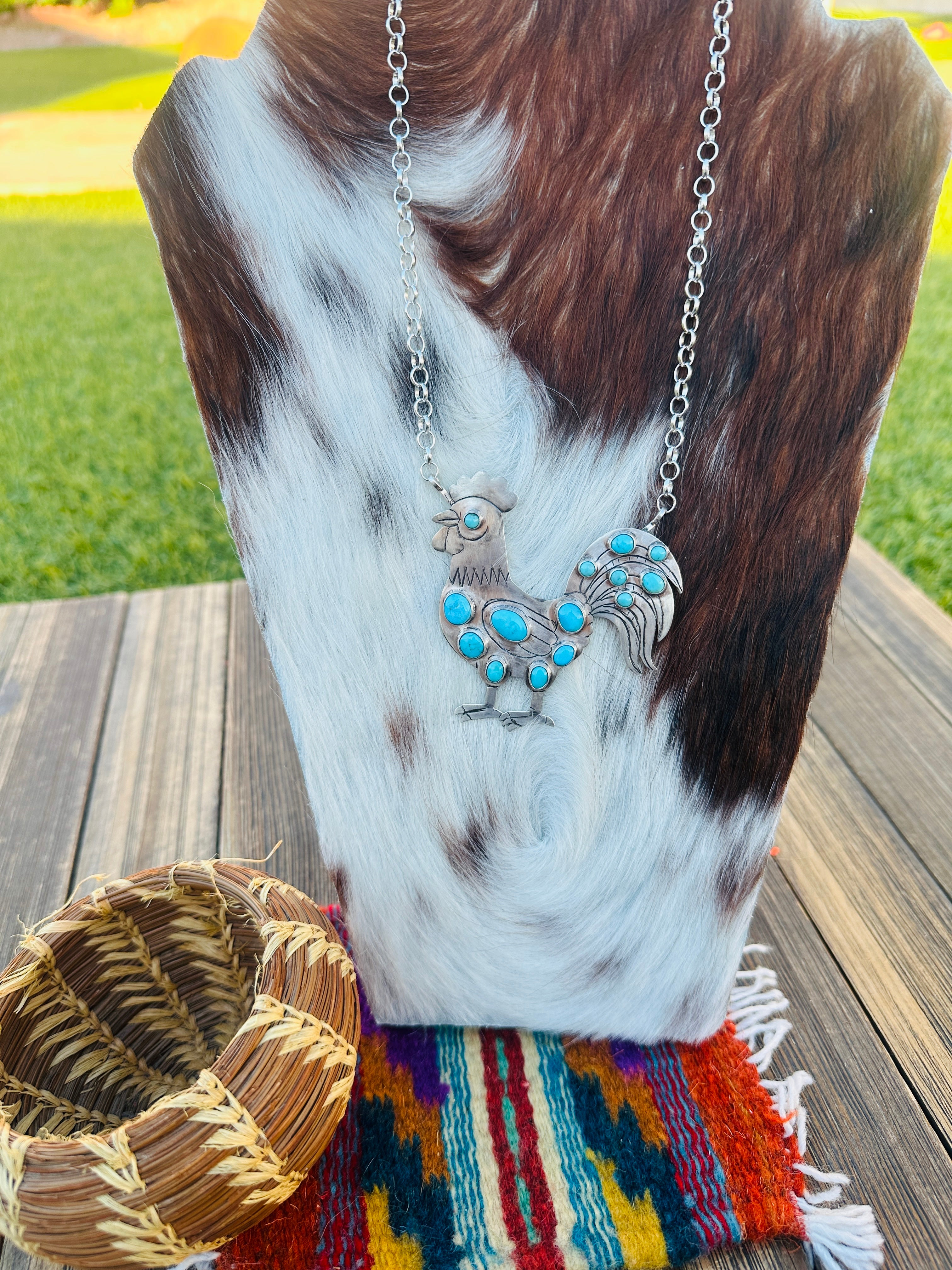 Handcrafted Turquoise & Sterling Silver Rooster Necklace