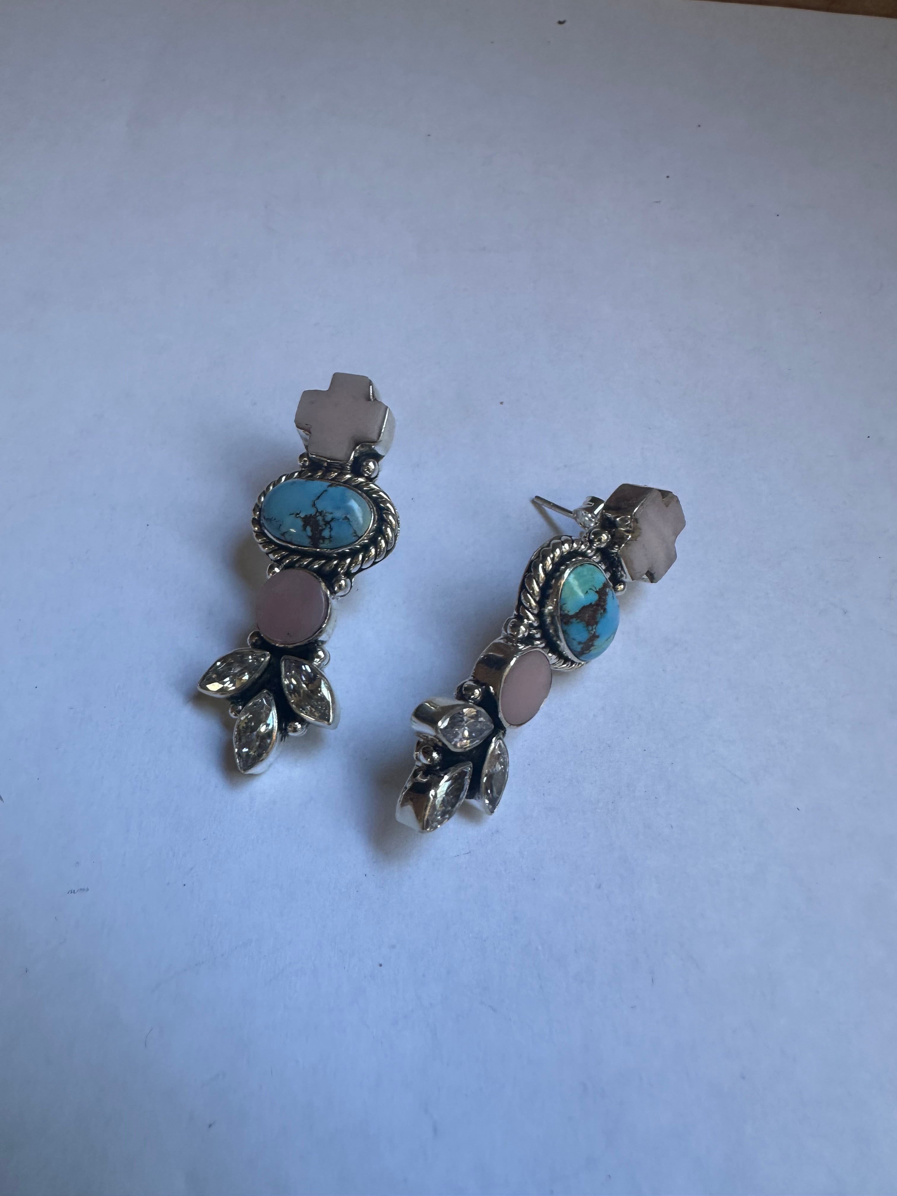 Handmade Natural Golden Hills Turquoise, Pink Conch, CZ and Sterling Silver Earring