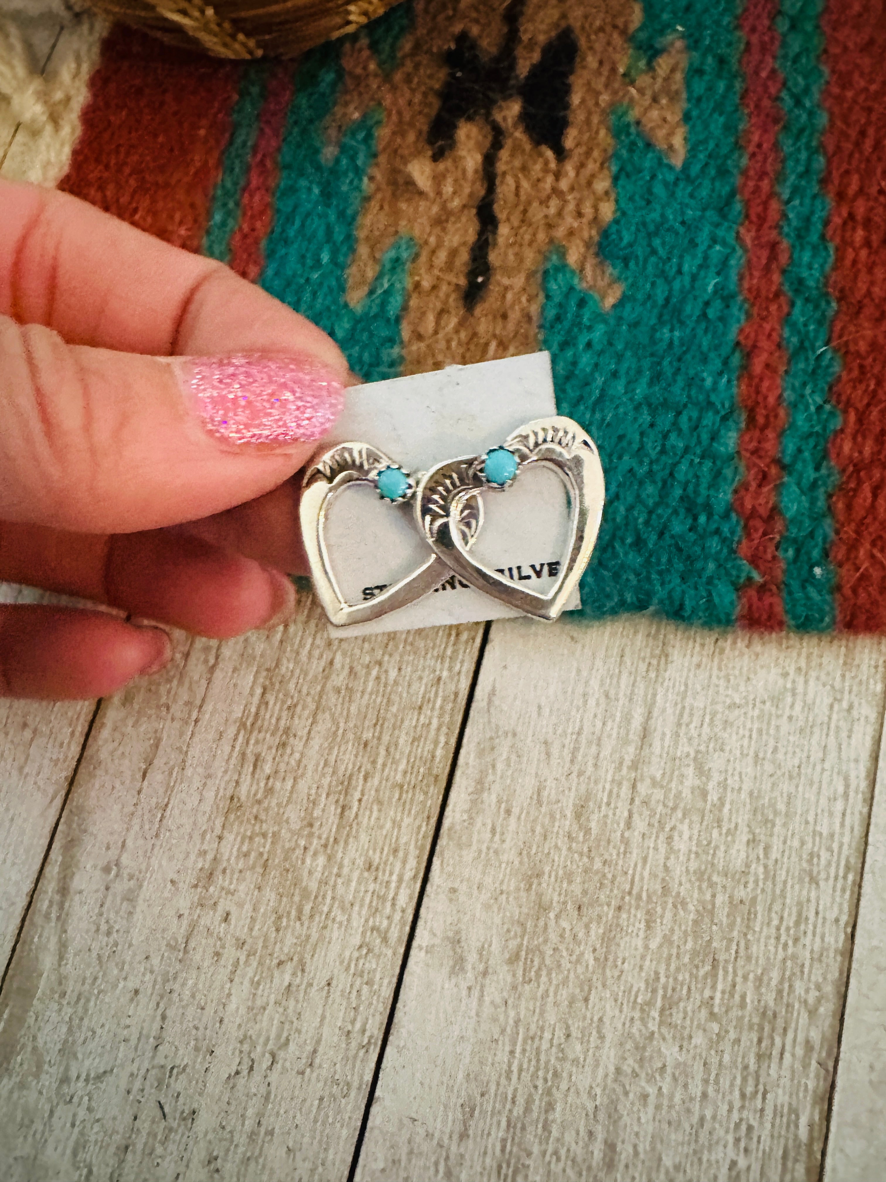 Navajo Turquoise & Sterling Silver Heart Stud Earrings