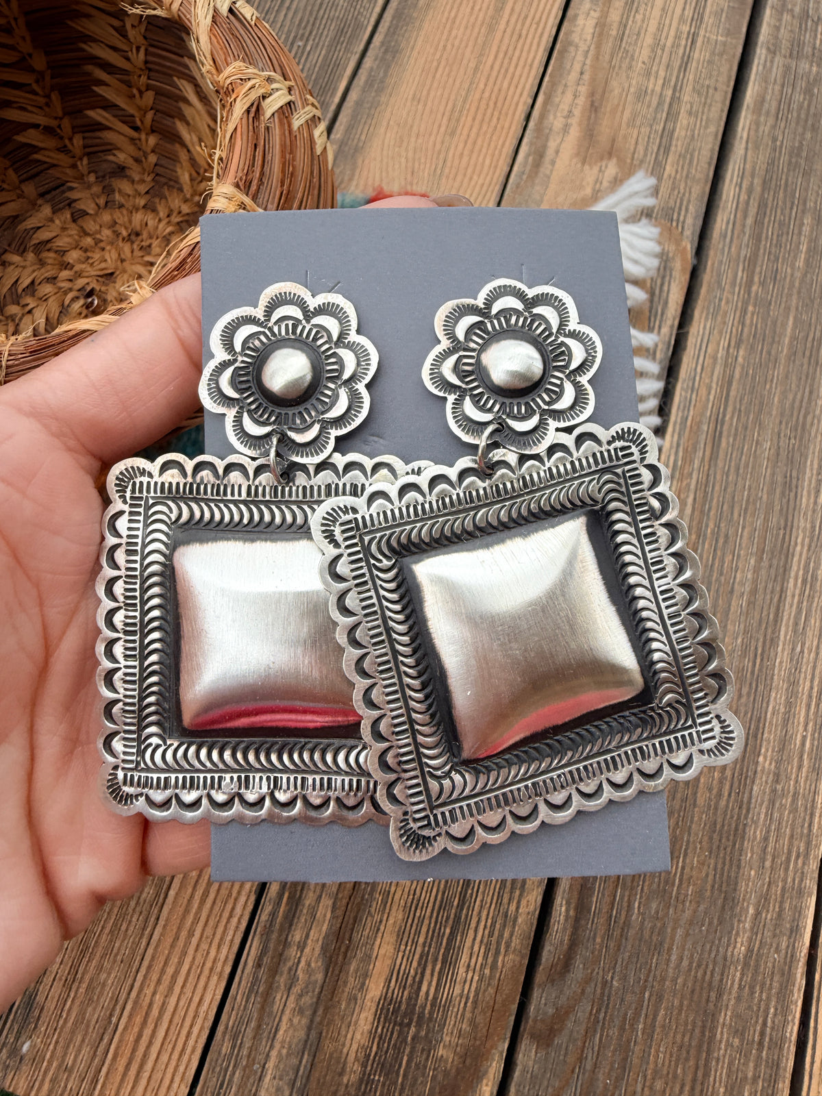 Handcrafted Sterling Silver Concho Dangle Earrings by Leander Tahe