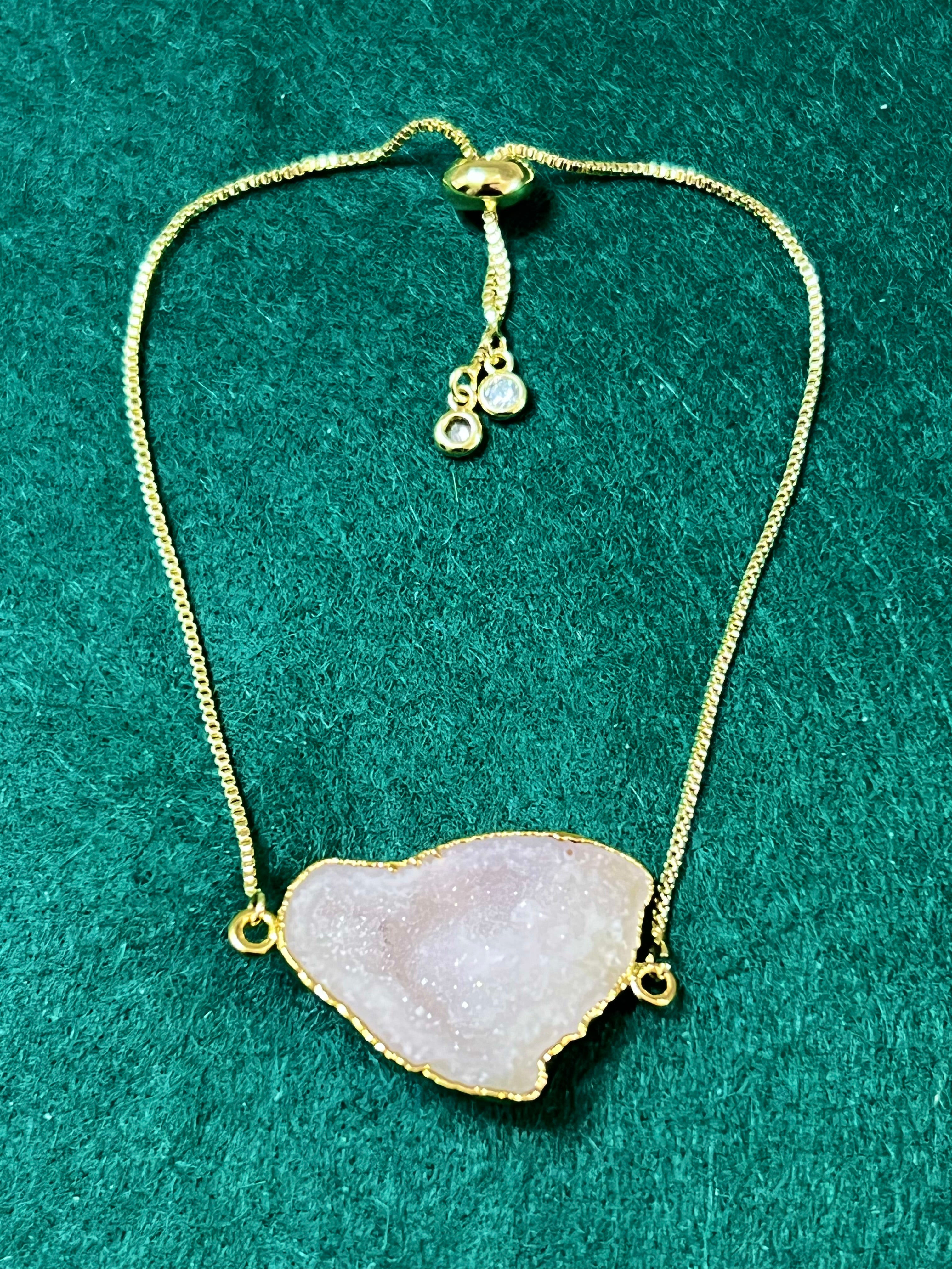 Handmade 14k Gold Druzy Plated Brass & White Geode Adjustable Bracelet