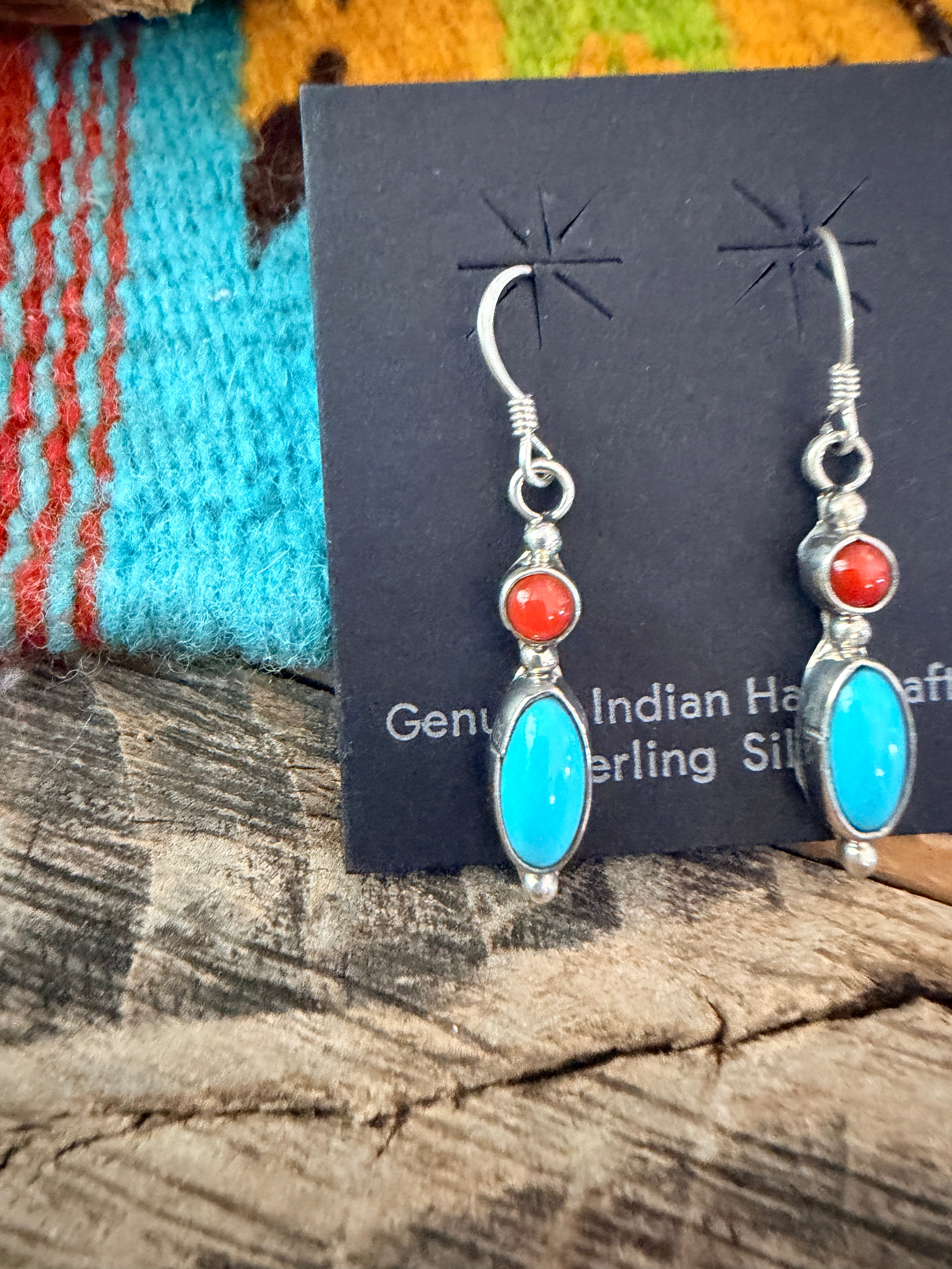 Handcrafted Turquoise, Coral & Sterling Silver Dangle Earrings