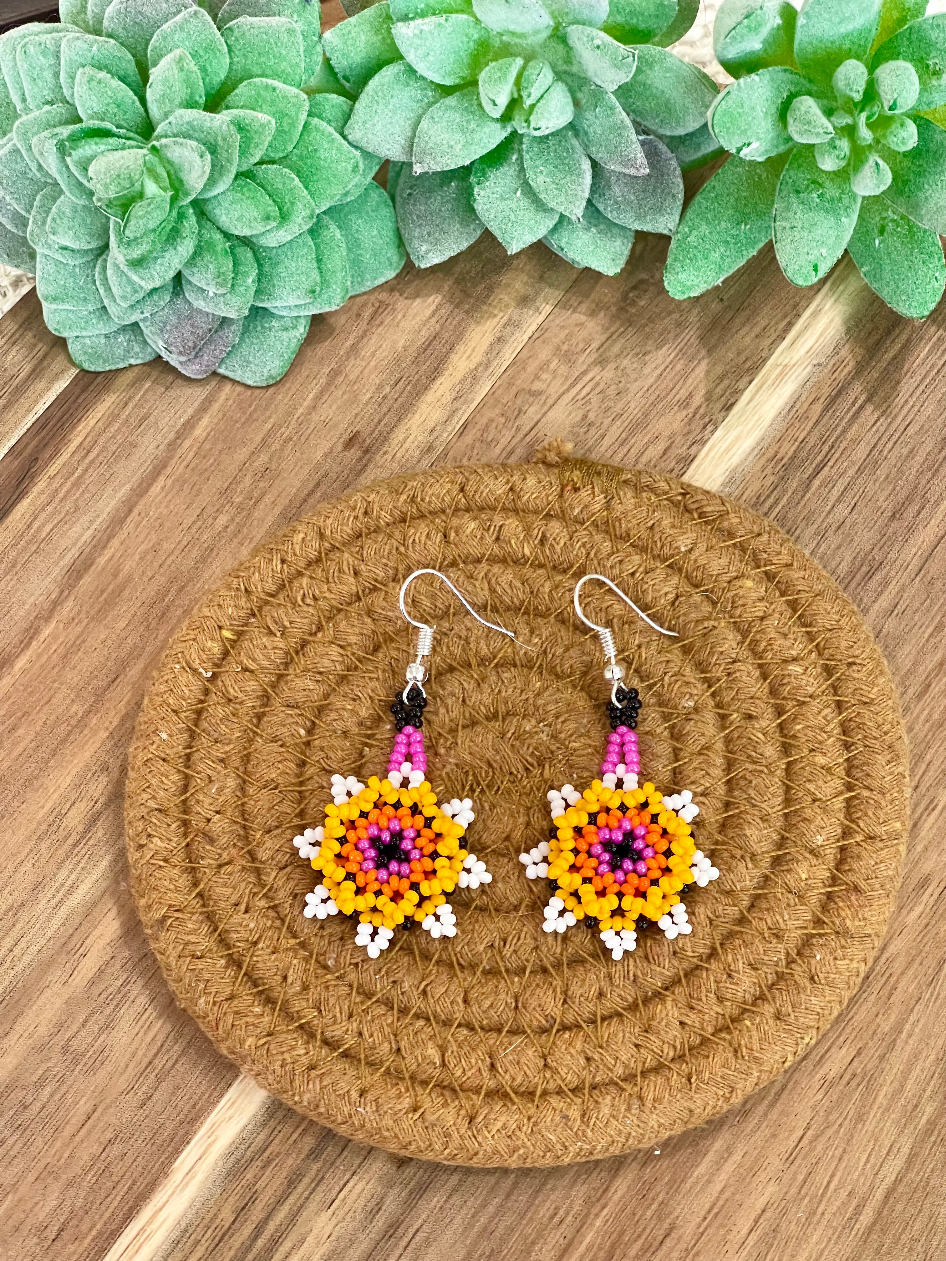 Handmade In Mexico Sterling Silver  , Multi Color Dangle Beaded Earrings