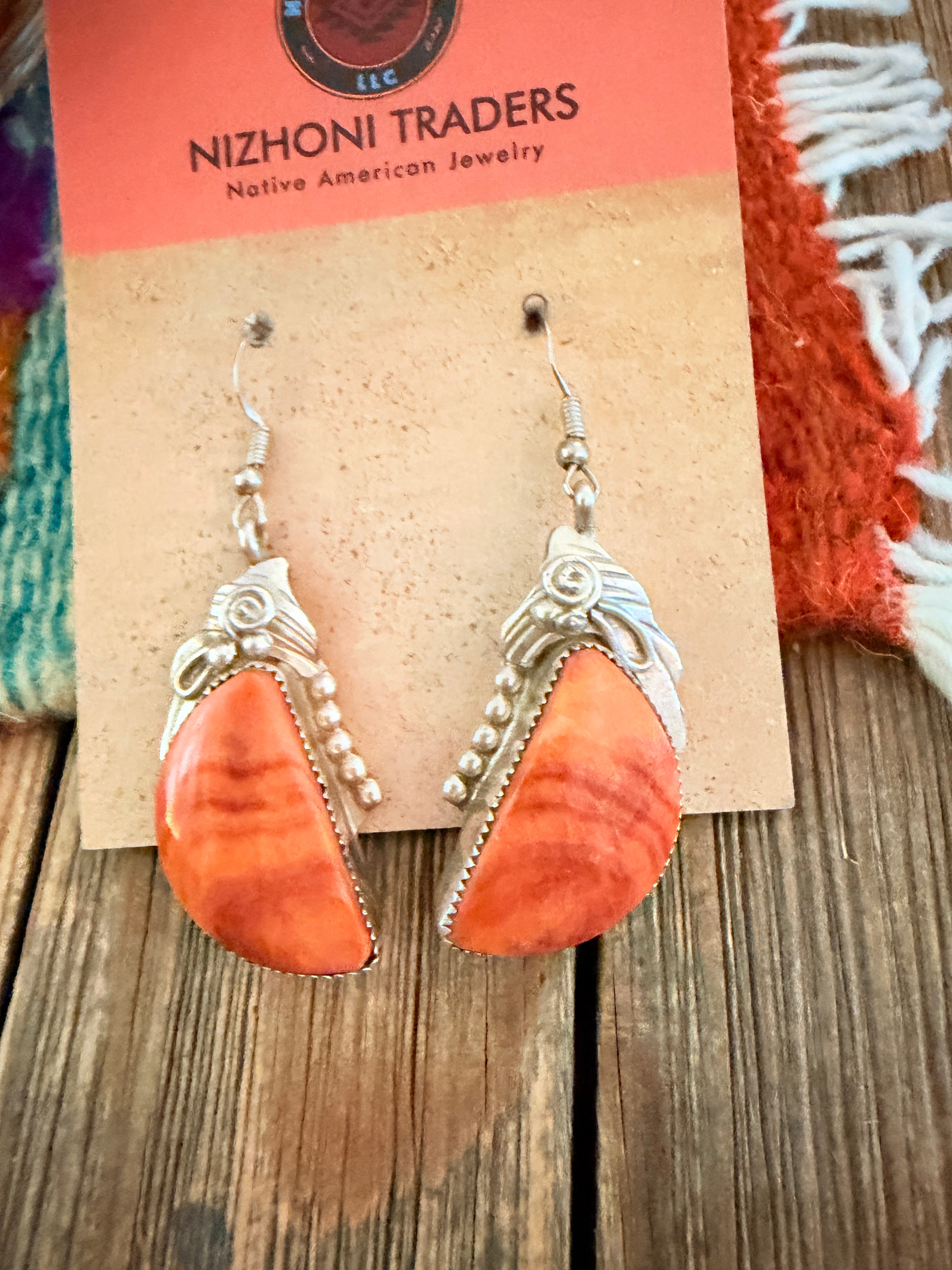 Handcrafted Old Pawn Orange Spiny Oyster & Sterling Silver Dangle Earrings
