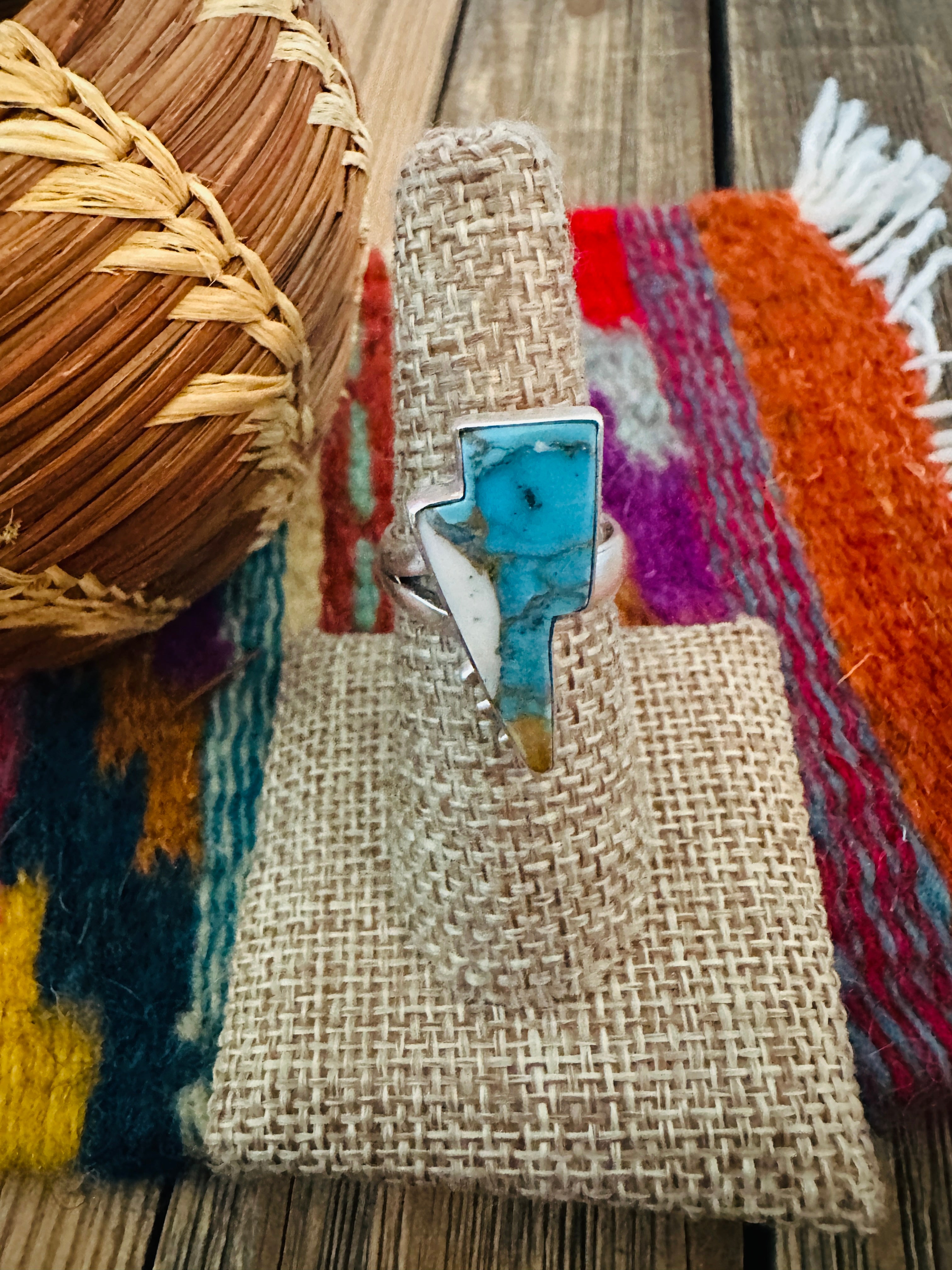 Handcrafted Turquoise & Sterling Silver Lightning Bolt Adjustable Ring