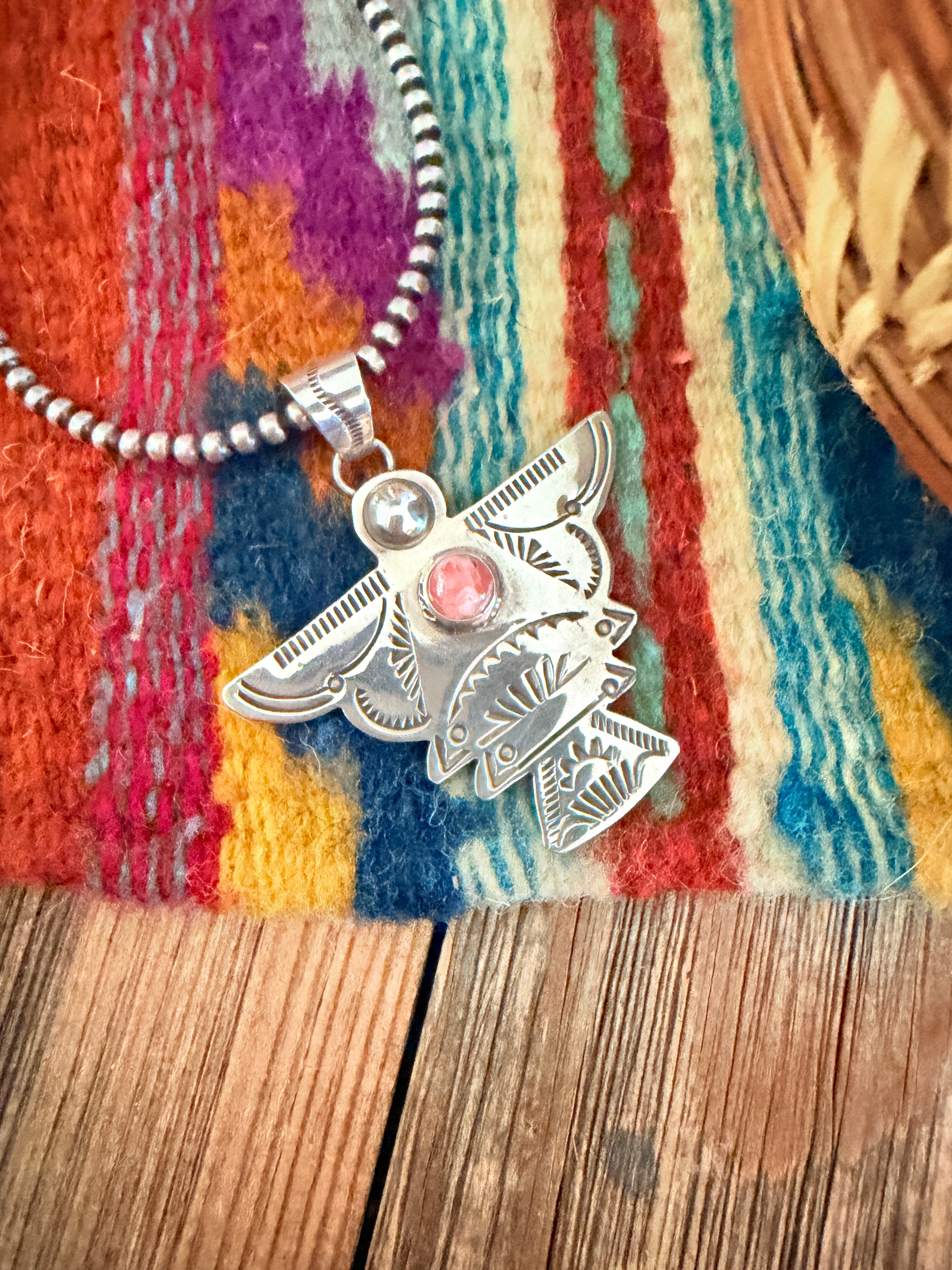 Handcrafted Sterling Silver & Rhodochrosite Thunderbird Pendant