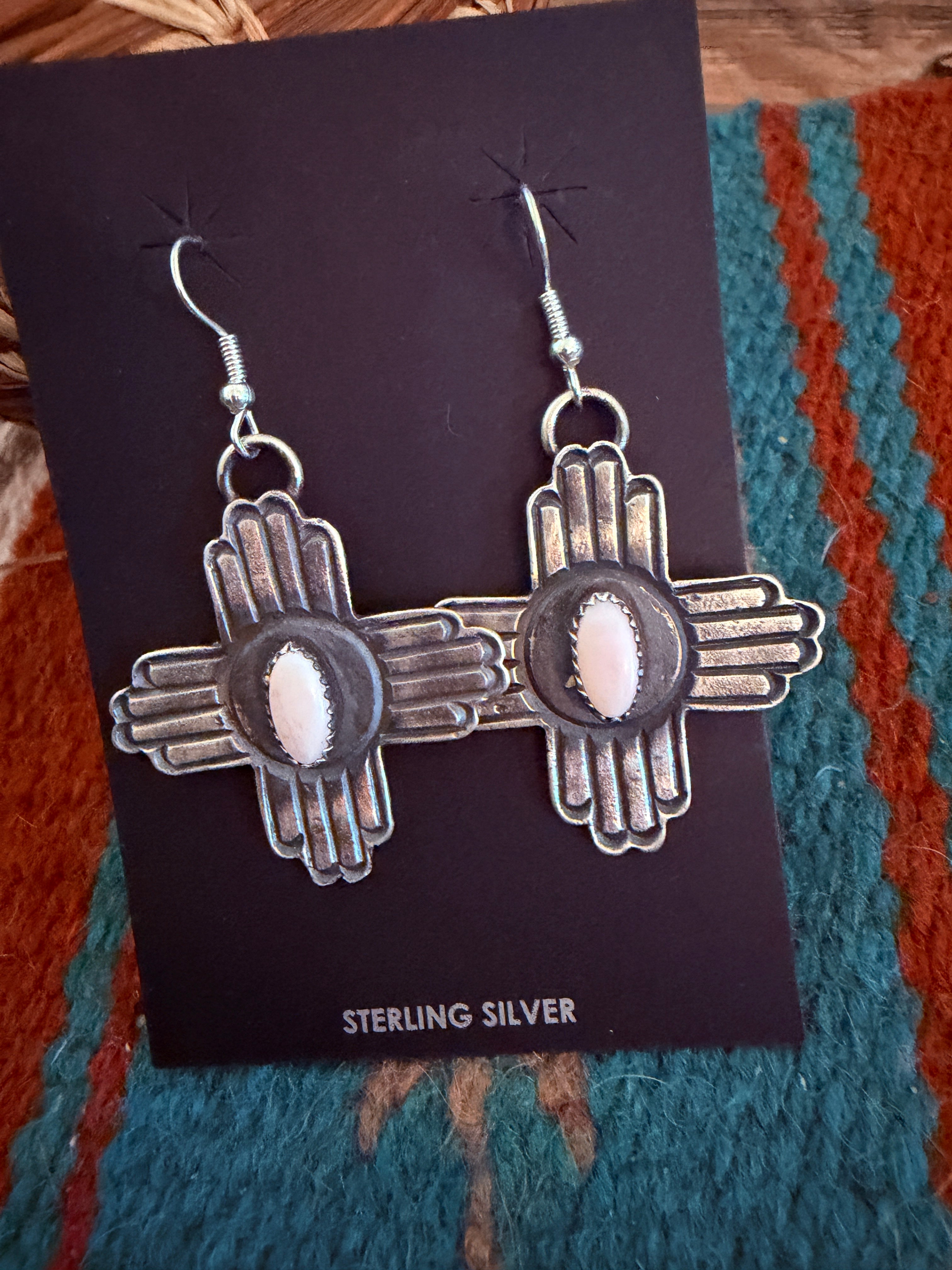 Handcrafted Queen Pink Conch & Sterling Silver Zia Cross Dangle Earrings by Kevin Billah
